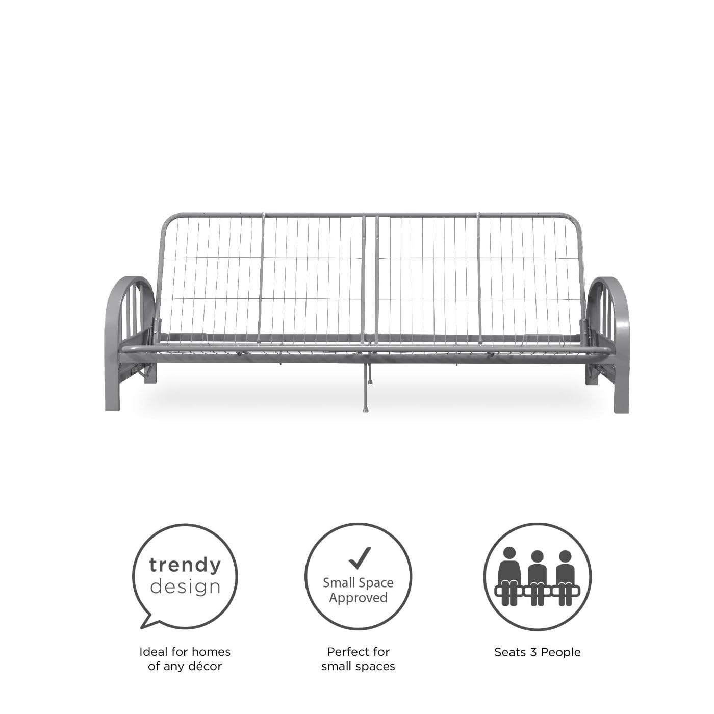 DHP Aiden Full Size Metal Futon Frame in Silver - Space Saving Convertible Sofa Bed for Small Apartments, Guest Rooms & Dorm Living