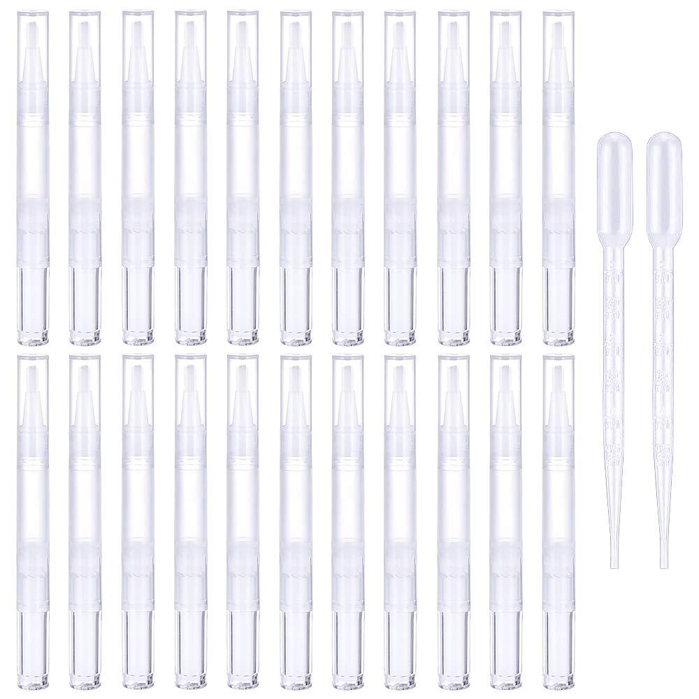 20Pcs 3ml Empty Transparent Twist Pens with Brush - Refillable Nail Oil & Cuticle Oil Pen Set - Includes 2 Transfer Pipettes for Lip Gloss, Teeth Whitening & DIY Cosmetics - Perfect for Salon, Home Manicure & Beauty Storage