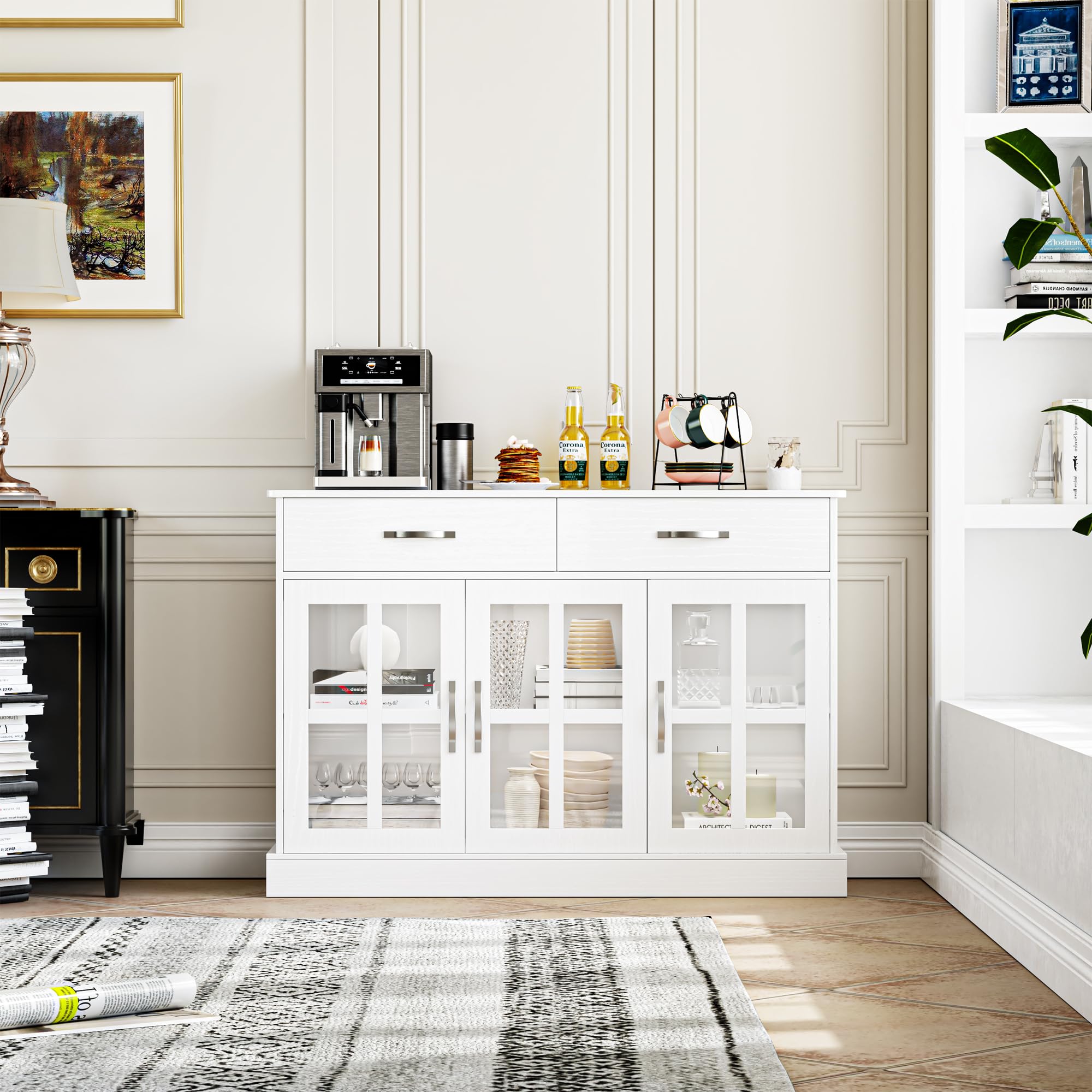 FOTOSOK White Buffet Sideboard Cabinet with Glass Doors - 2 Storage Drawers & Shelves for Dining Room, Living Room | Modern Kitchen Storage Furniture for Home Organization & Entertaining