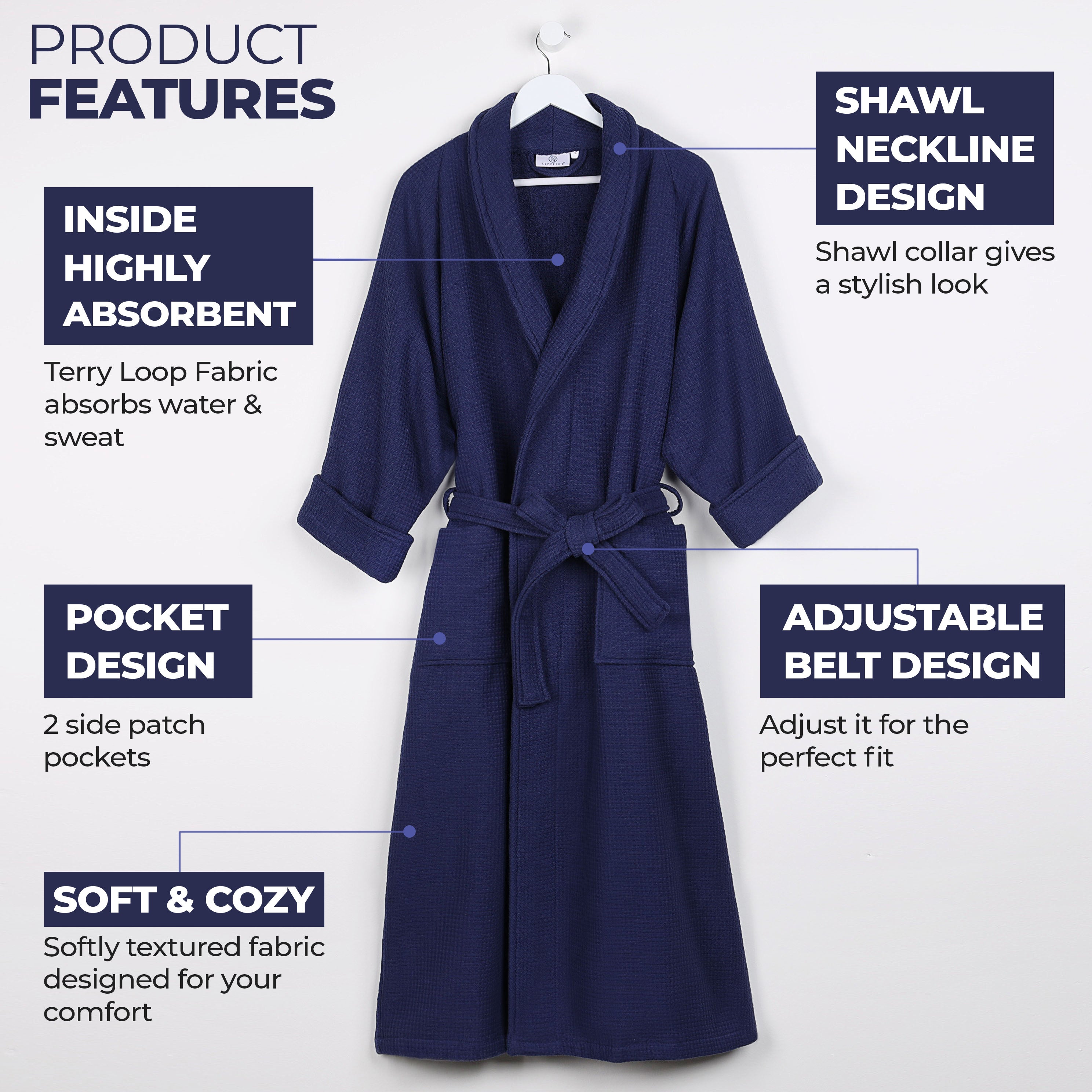 Premium Waffle Weave Cotton Bathrobe - Ultra Soft & Lightweight Unisex Oversized Robe for Men & Women | Perfect for Spa, Lounge & Post-Shower Comfort