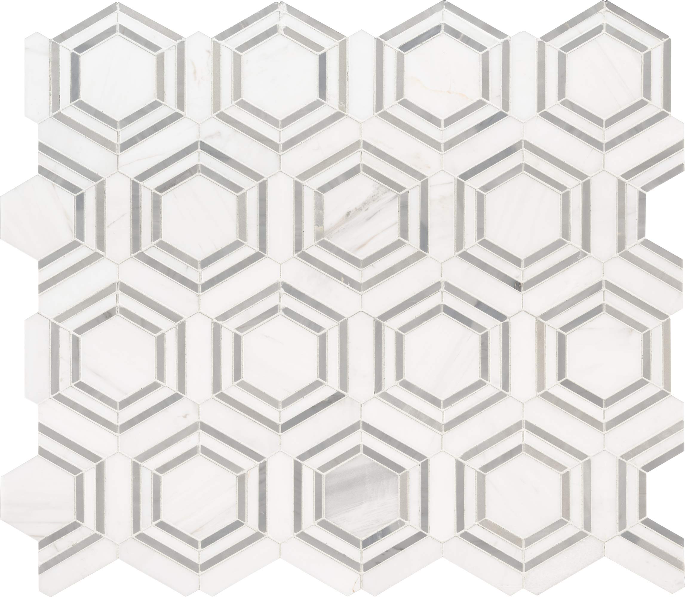 MSI Georama Grigio 13x11 Inch Geometric Hexagon Polished Marble Mesh-Mounted Mosaic Tile - White & Gray Wall & Floor Tile for Bathroom, Kitchen Backsplash, Countertop, Shower, and Fireplace Surround