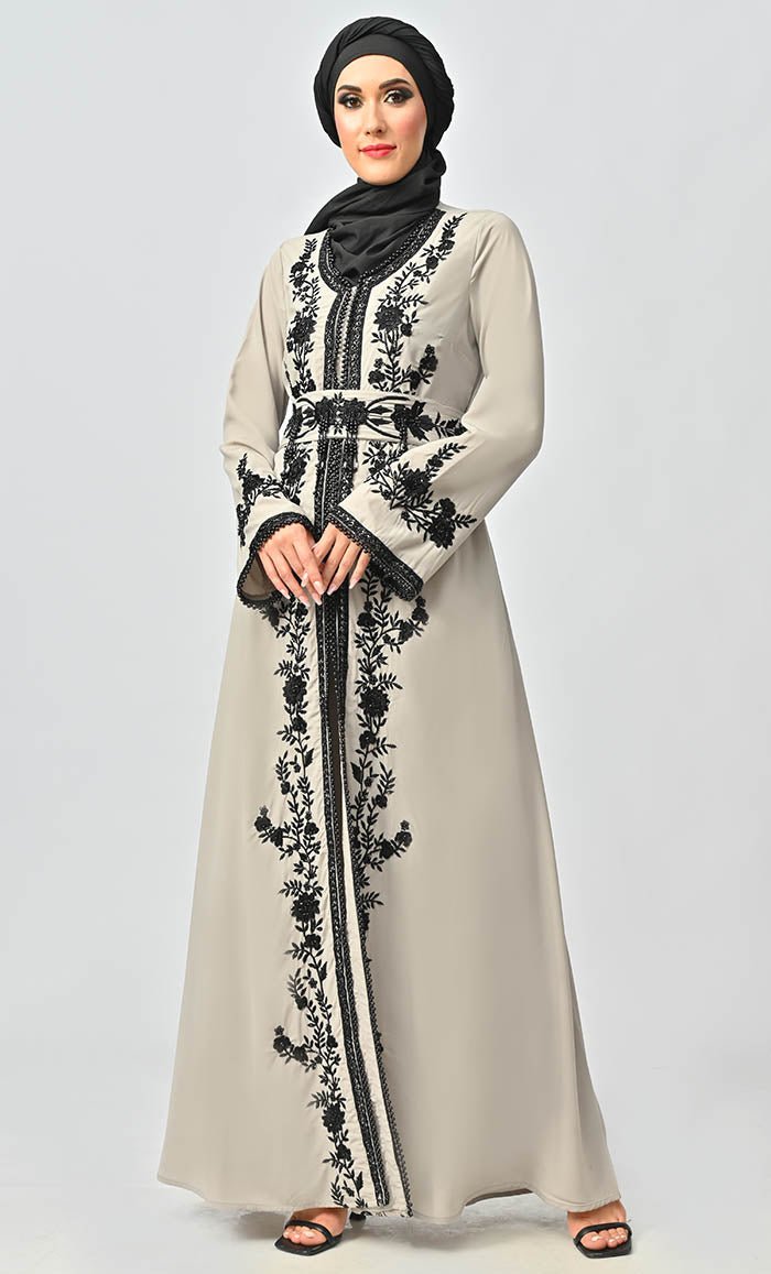 Elegant Mexico Style Sequins & Zari Embroidered Abaya with Hijab Belt & Pockets - Perfect for Eid, Weddings & Special Occasions