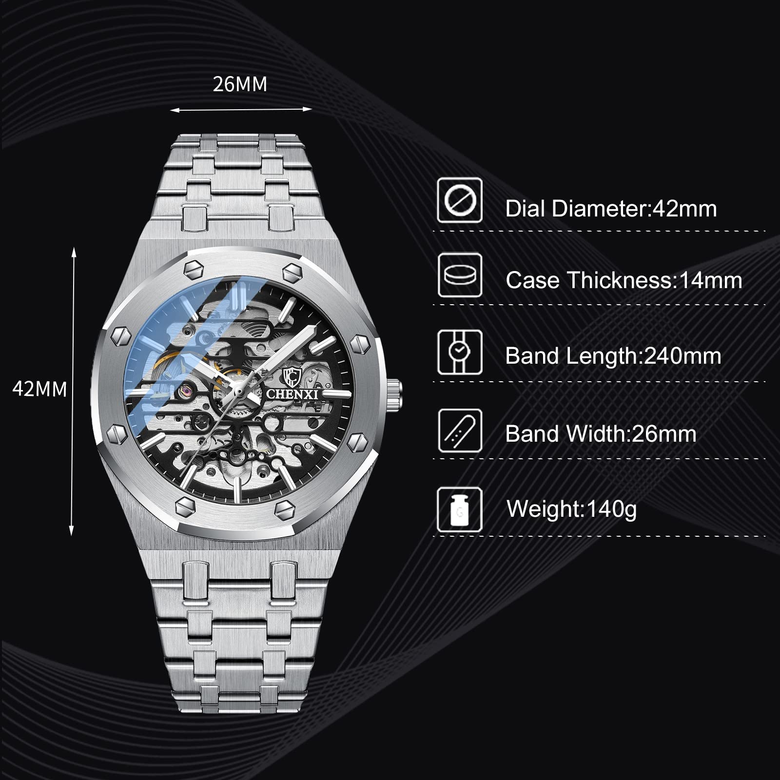 RORIOS Automatic Mechanical Business Dress Watch for Men - Self-Winding Luminous Stainless Steel Strap Wristwatch | Perfect for Office, Formal Events & Professional Settings