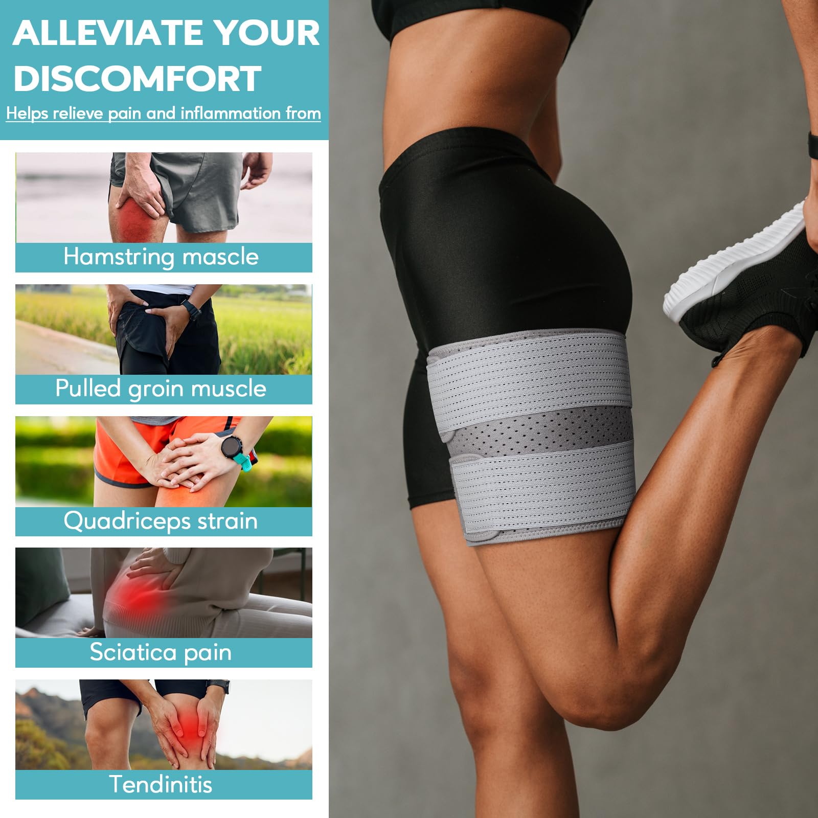 Women's & Men's Thigh Compression Sleeve - Adjustable Groin & Hamstring Support Wrap for Pulled Muscles, Quad Pain Relief - Upper Leg Brace for Sports, Running, Workout & Injury Recovery