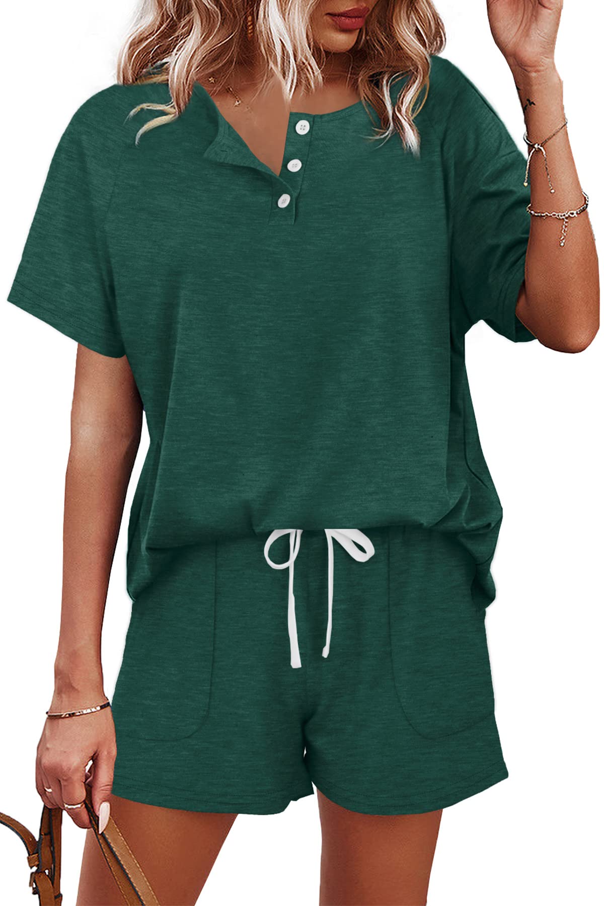 WIHOLL Women's 2-Piece Lounge Set - Button Down Top & Shorts with Pockets | Comfortable Sweatsuit for Home, Yoga & Casual Outings