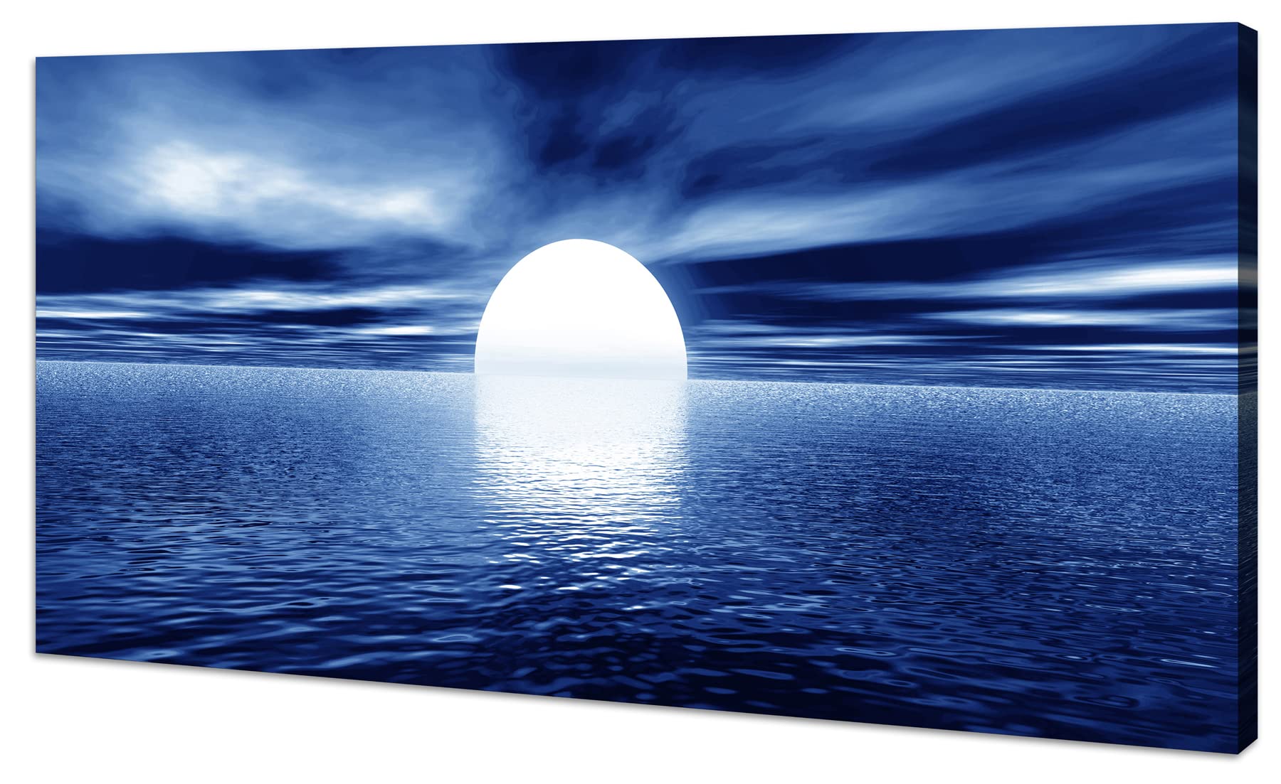 Blue Ocean Moon Landscape Canvas Wall Art Print - Framed Ready to Hang Bedroom Decor, Living Room, Bathroom & Office Wall Decor | Coastal Themed Home Decoration for Beach House & Seaside Style Interiors