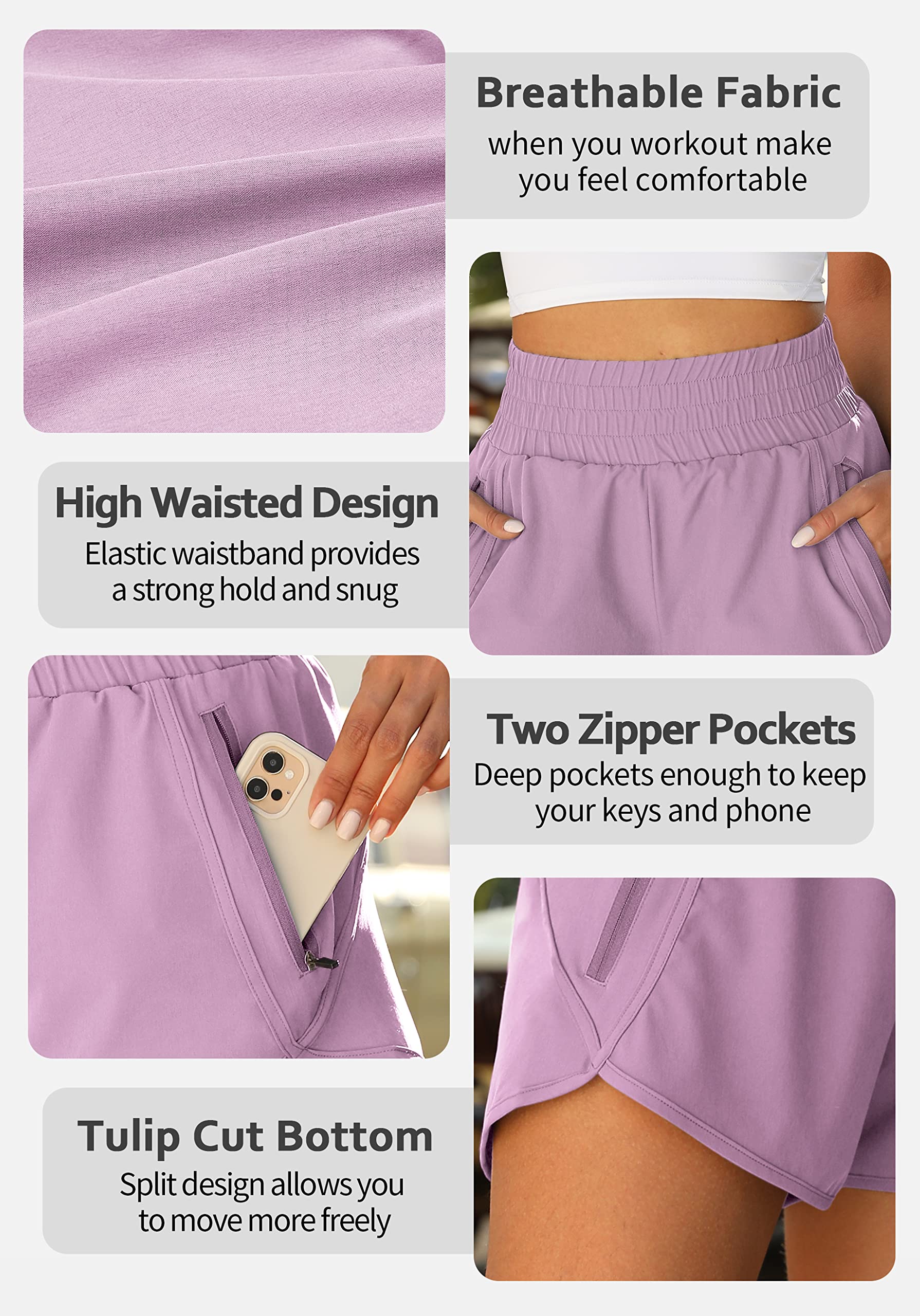 Fengbay Women's High Waisted Athletic Shorts with Pockets - Breathable Running Shorts for Gym, Workout & Sports - Stretchy Elastic Waistband - Black & Purple - Perfect for Jogging, Yoga & Active Lifestyle