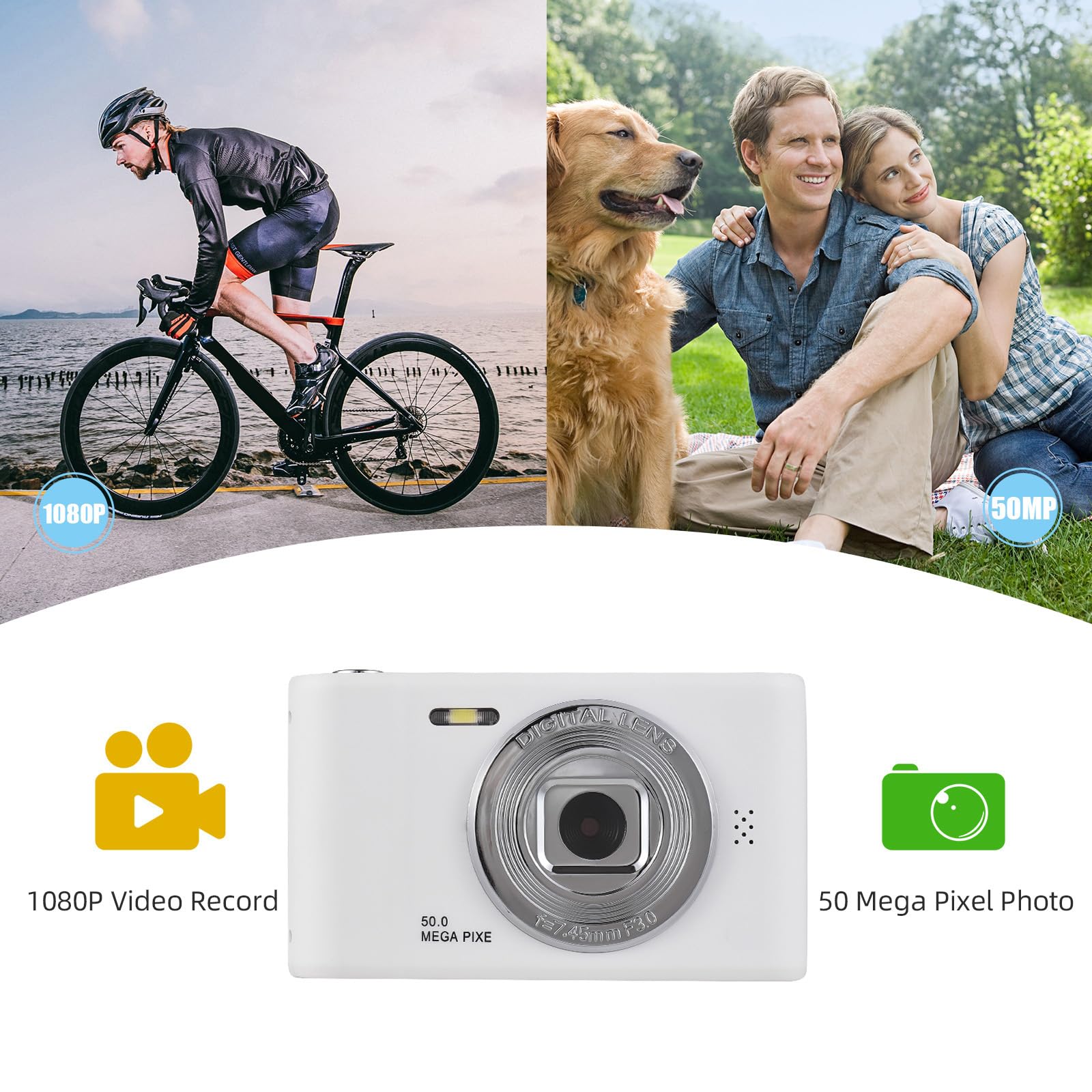 FHD 1080P Digital Camera with 8X Zoom - Compact Point and Shoot Camera for Beginners, Includes 32GB Memory Card (White) - Perfect for Travel, Vlogging & Everyday Photography