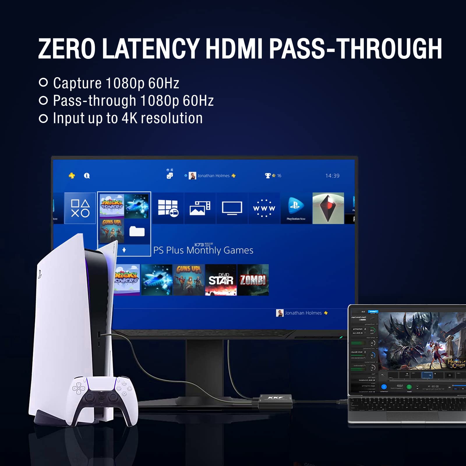 KKF USB-C 3.0 4K HDMI Capture Card - 1080P60 Game Capture Device for PS5, PS4, Xbox Series X/S & Nintendo Switch | Lag-Free Streaming & Recording | Compatible with Windows, Mac & Linux | Perfect for Live Gaming, YouTube Content Creation & Professional Broadcasts