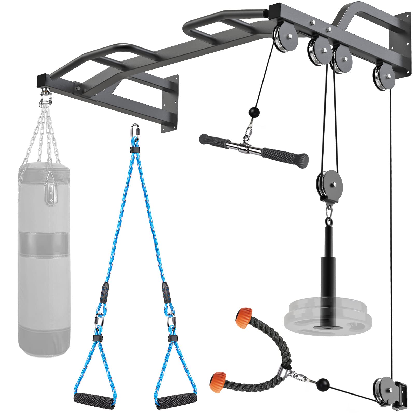 Kipika 48-Inch Wall Mounted Multi-Function Gym Cable Pulley System with Pull Up Bar & LAT Pulldown Attachments - DIY Home Gym Equipment for Strength Training, Punching Bag Hanger - Perfect for Home Workouts, Garage Gyms & Functional Fitness Training