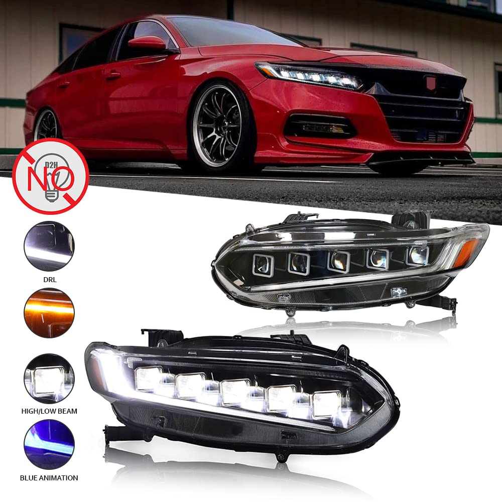 2018-2022 Honda Accord LED Headlights Assembly - 5 Lens Matrix Projector with Halo & Sequential Turn Signals (Bugatti Style) - Direct Replacement for 10th Gen Accord - Perfect for Night Driving & Car Upgrades