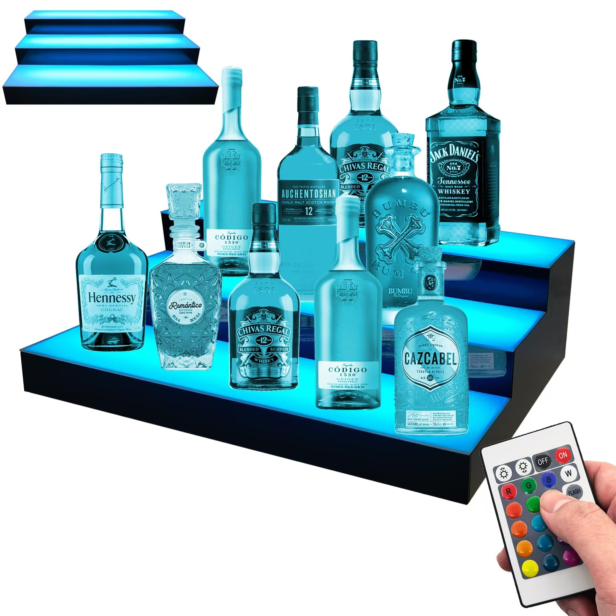 Royxen 3-Tier LED Lighted Liquor Bottle Shelf - 24 Inch Bar Shelf with Remote Control & Multicolor Lighting Modes for Home Bars, Restaurants, and Party Decor