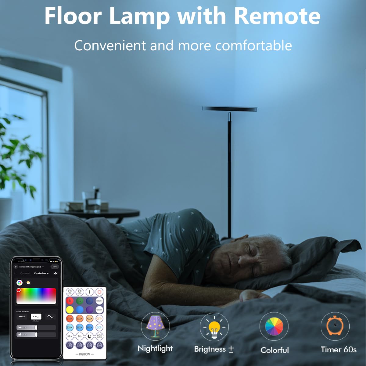 Smart LED Floor Lamp - 2000LM Brightness, 16 Million RGB Colors, Dimmable & Adjustable Angle, Remote & Touch Control - Perfect for Living Room, Bedroom, Office Lighting