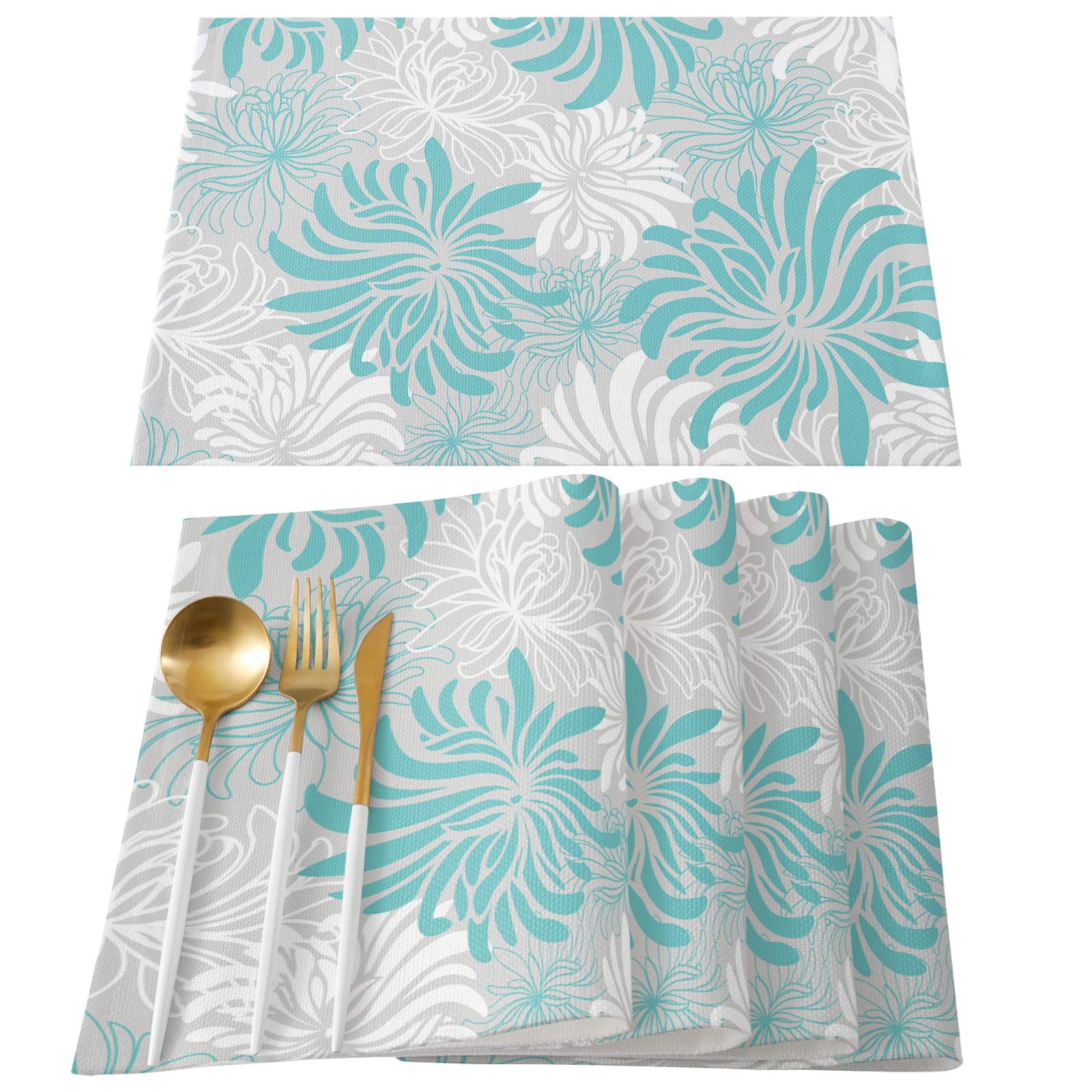 IDOWMAT 4-Pack Washable Non-Slip Placemats for Dining Table - Stain Proof Square Kitchen Mats, Easy Clean Dinner Party Decor (Aqua Chrysanthemum Texture) - Perfect for Everyday Meals, Holiday Gatherings & Restaurant Style Dining