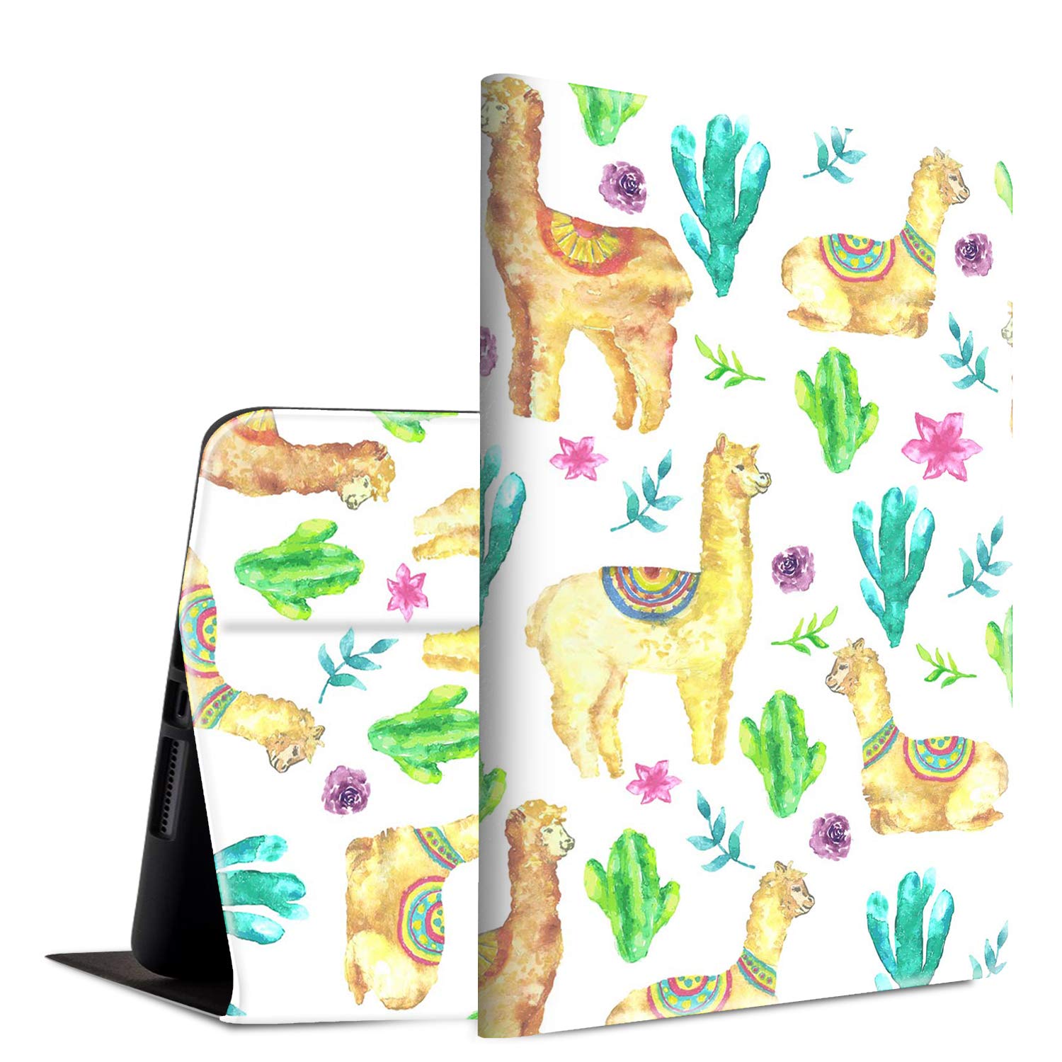 Premium PU Leather Smart Case for iPad 9.7 (2018/2017), iPad Air 2 & iPad Air - Slim Folio Cover with Auto Wake/Sleep & Adjustable Stand | Compatible with iPad 6th/5th Generation | Perfect for Work, Study & Travel - Llama Cactus Design