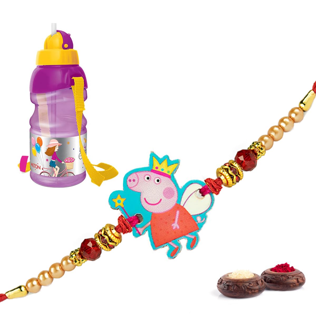 Peppa Pig 2 Cartoon Rakhi for Kids - 450ml Spill-Proof, Anti-Colic, BPA-Free Sipper Water Bottle with Straw & Roli Chawal Design - Perfect for School, Travel & Outdoor Activities