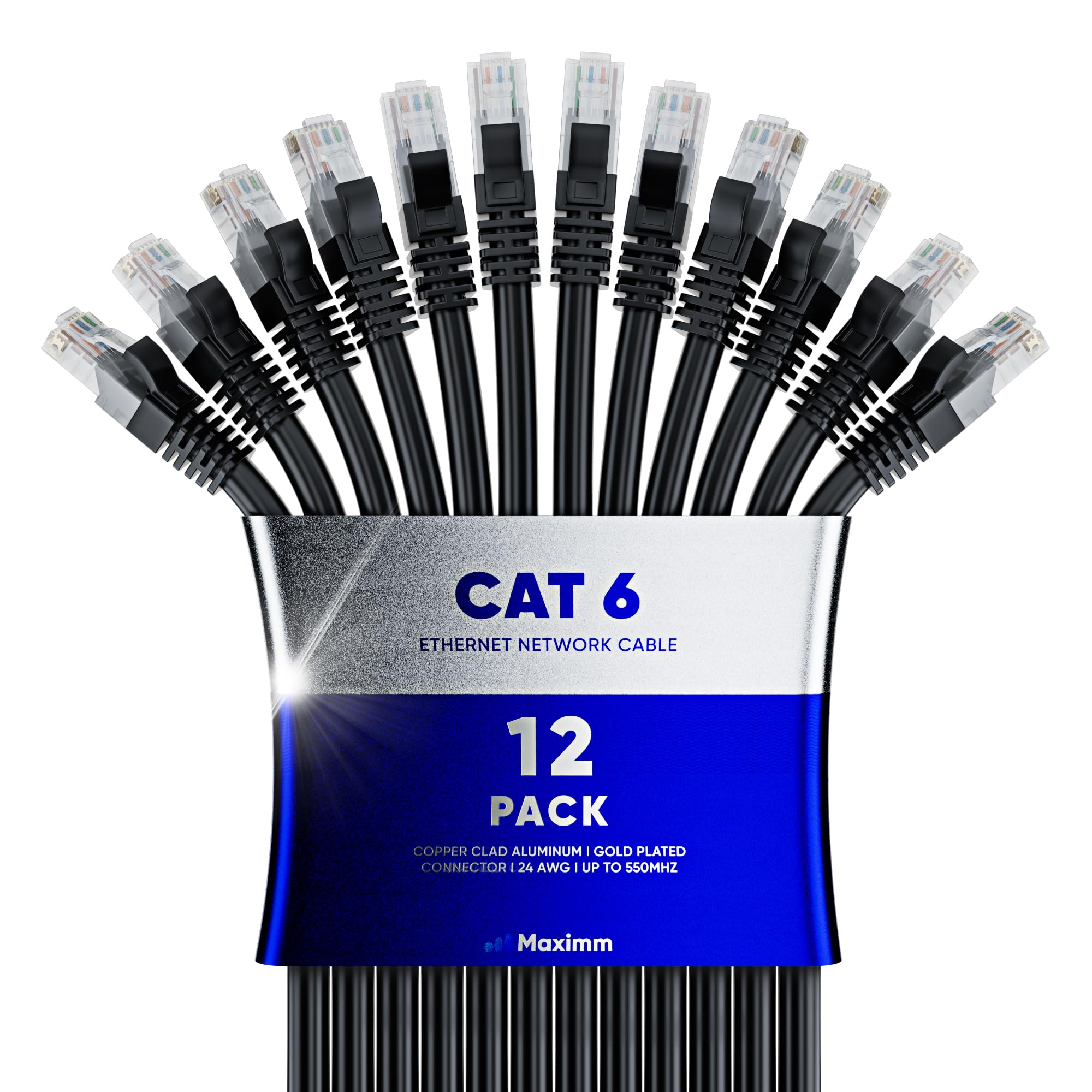 Maximm Cat 6 Ethernet Cable 50 ft (12-Pack) - High-Speed LAN Network Cable, 10Gbps, 550MHz, UTP, Black - Perfect for Home Office, Gaming, and Streaming Setup