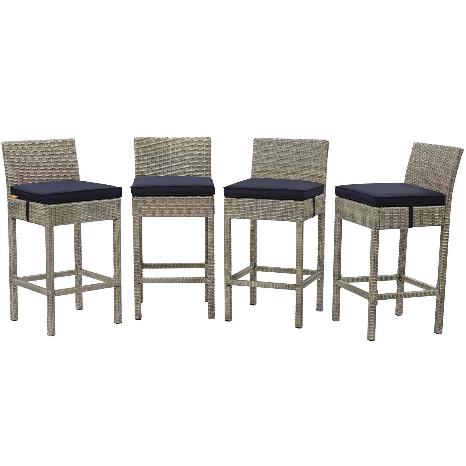 Modern Navy Blue Fabric Rattan Wicker Outdoor Patio Garden Bar Stool Chair Set of Four for Backyard, Poolside, and Terrace Relaxation