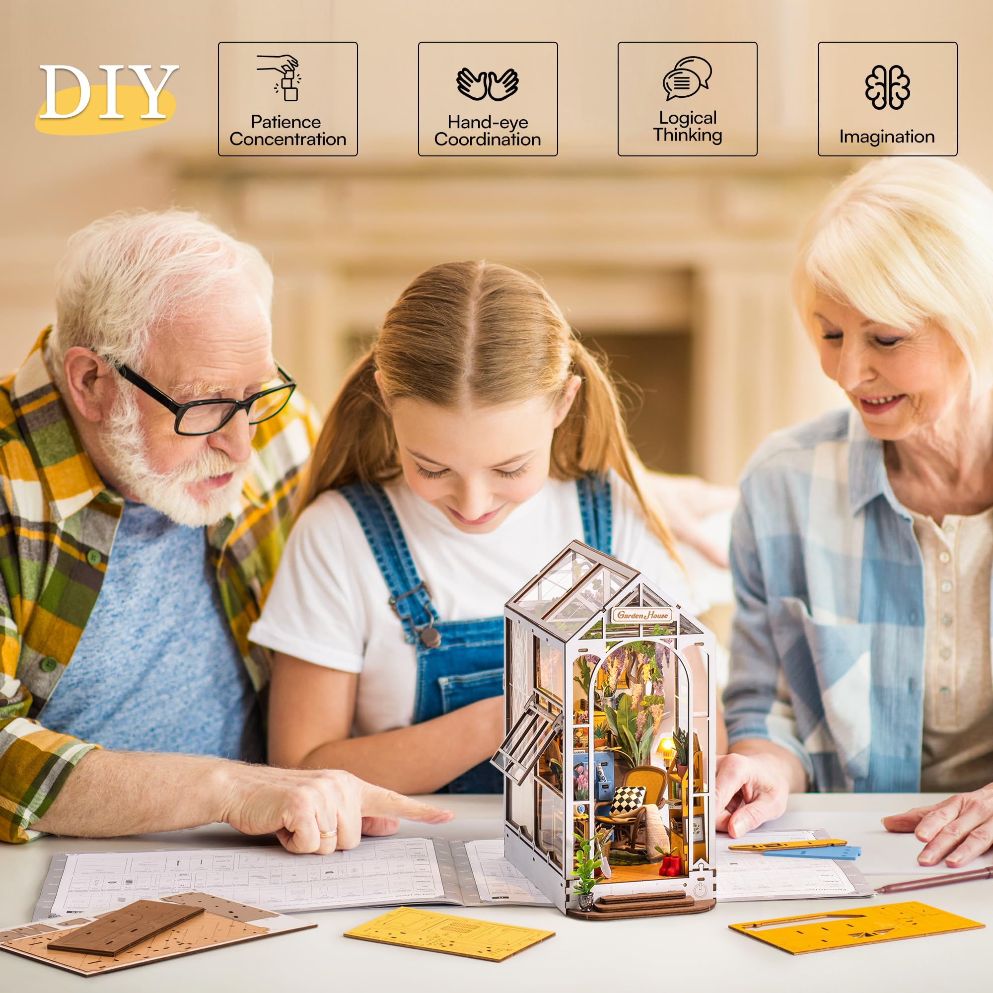 ROBOTIME DIY 3D Wooden Book Nook Kit - Miniature Garden House Model with LED Lights, Creative Bookshelf Insert & Bookend Decor | Perfect for Home Office, Library Display, and Unique Gift for Puzzle Lovers