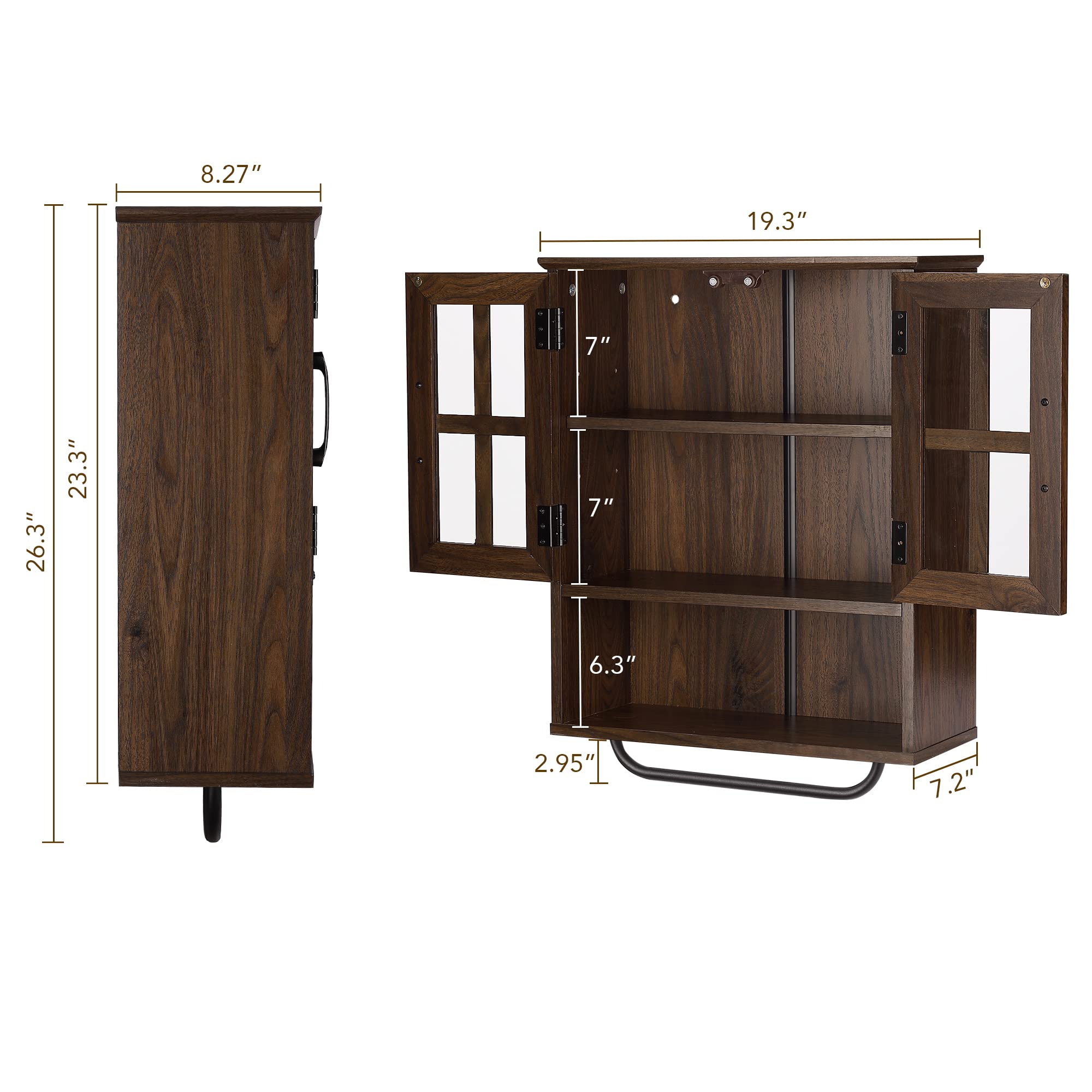 RUSTOWN Wood Wall Storage Cabinet with Cross Glass Doors - Farmhouse Wall Mounted 3 Tier Rustic Cabinet with Adjustable Shelves & Towel Bar - Dark Walnut - Perfect for Bathroom, Living Room, Kitchen & Entryway Organization