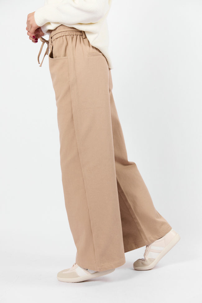 New Flow Khaki Pull-On Wide Leg Pants for Women - Comfortable High Waisted Elastic Waist Trousers - Perfect for Work, Travel & Casual Wear