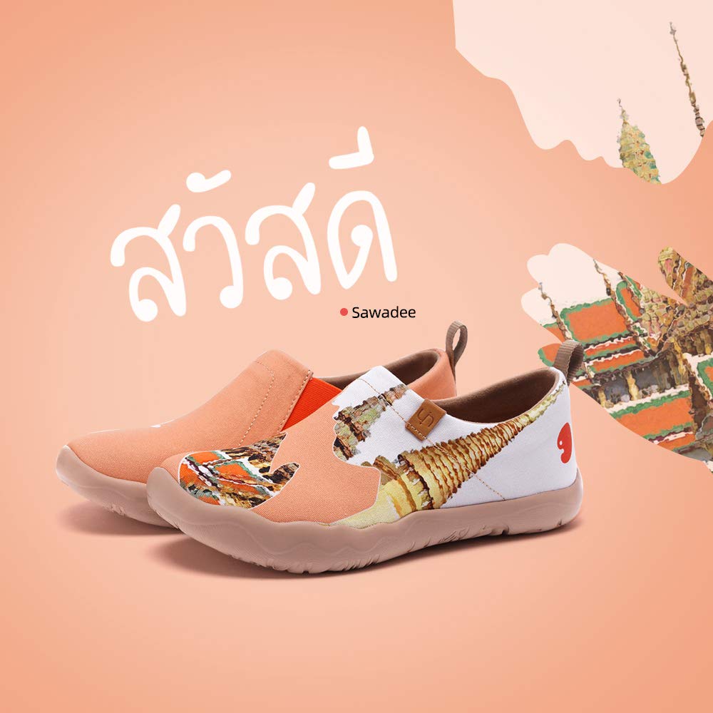 UIN Women's Slip On Canvas Sneakers - Lightweight Casual Walking Shoes with Thailand Greeting Art Design (Sawadee) - Perfect for Travel, Beach & Everyday Wear - Size 36