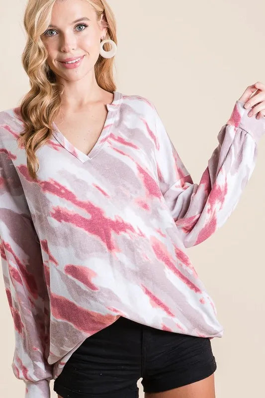 Bibi Tie Dye French Terry Top With Balloon Sleeves - Mauve Multi Color Women's Casual Shirt | Perfect for Beach Outfits, Music Festivals & Boho Fashion