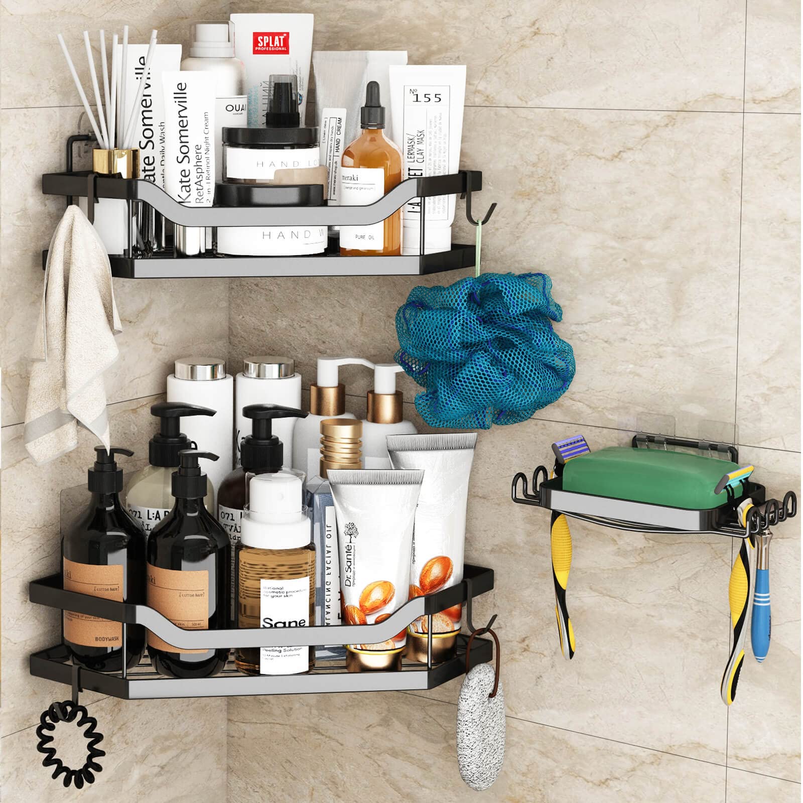 COOBEST 3-Pack Rustproof Stainless Steel Corner Shower Caddy - No Drill Wall Mounted Bathroom Organizer with Self Adhesive Shower Shelves for Shampoo, Soap & Toiletries Storage - Perfect for Small Showers & Bathroom Space Saving