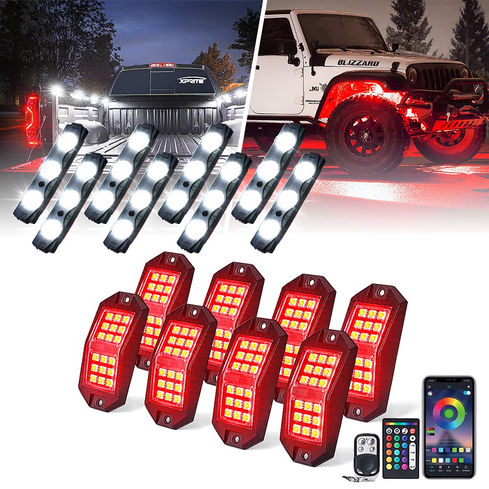 Xprite White Truck Bed Light Pods & RGB Bluetooth Rock Lights Kit – Off-Road, Underbody, and Custom Truck Lighting for Enhanced Visibility & Style