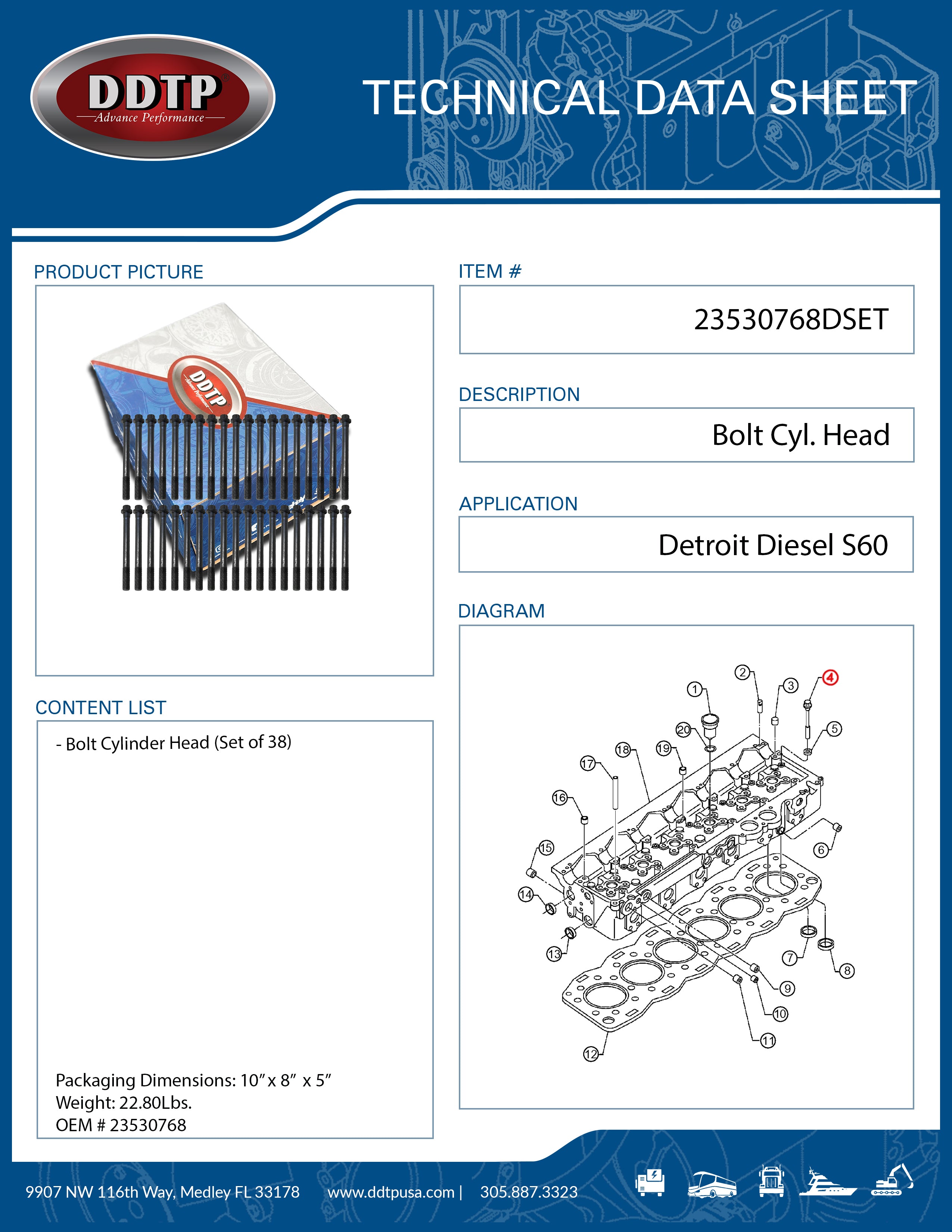 Detroit Diesel S60 Bolt Cylinder Head Kit (38-Piece) - OEM 23530768 - Perfect for Engine Repairs & Maintenance