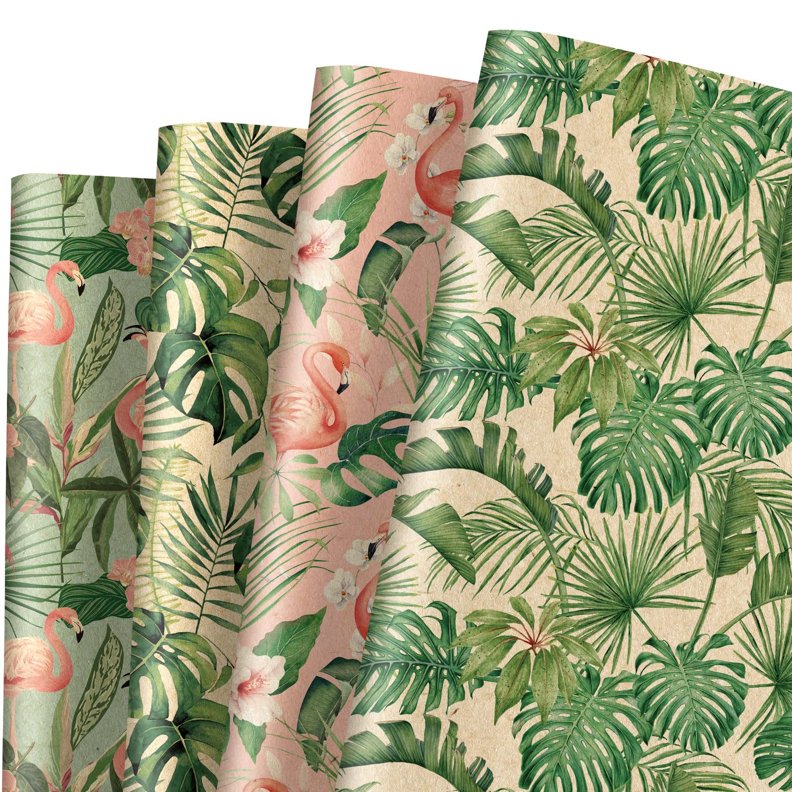 AnyDesign 12-Sheet Tropical Plants & Flamingo Leaves Kraft Wrapping Paper Set - 4 Unique Designs, 19.7 x 27.6 Inch Bulk DIY Gift Wrap for Birthday Parties, Wedding Favors & Craft Projects - Eco-Friendly Folded Flat Art Paper