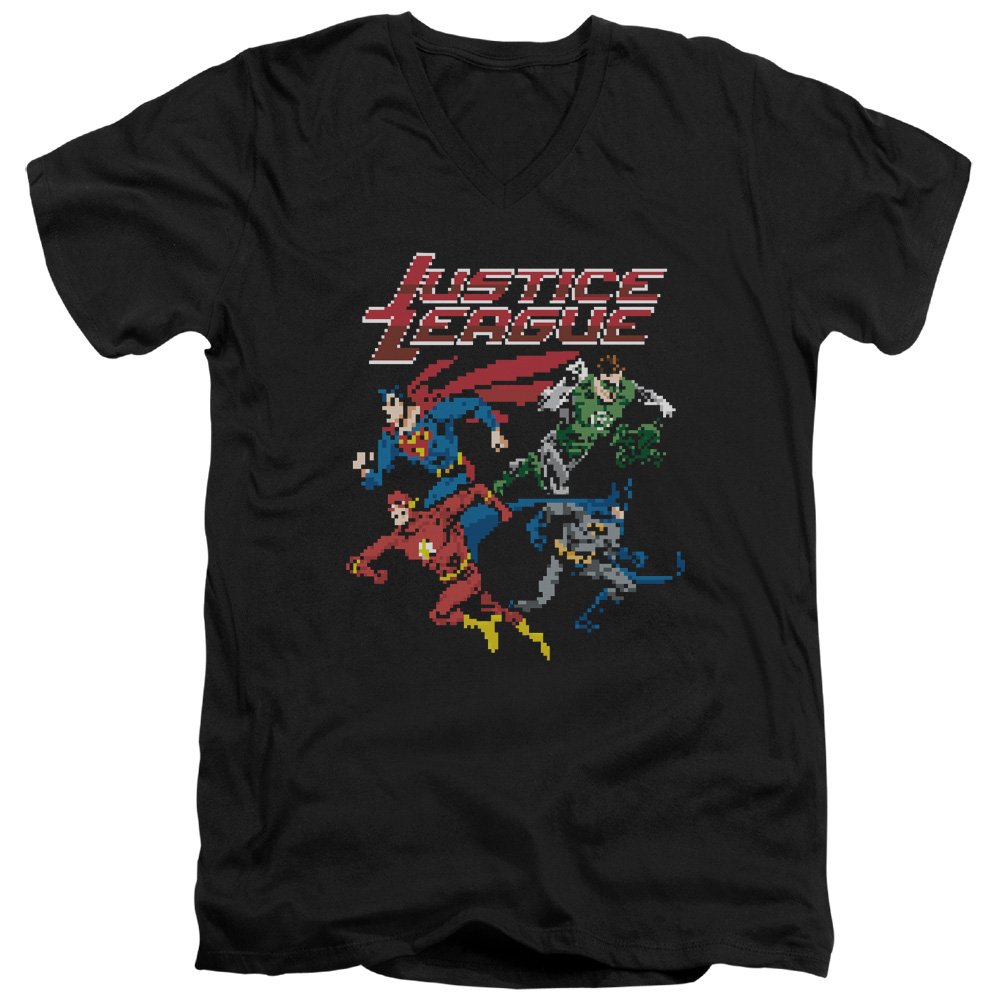 Trevco JLA Pixel League V-Neck Tee for Adults - Black 2X | Casual Superhero Shirt