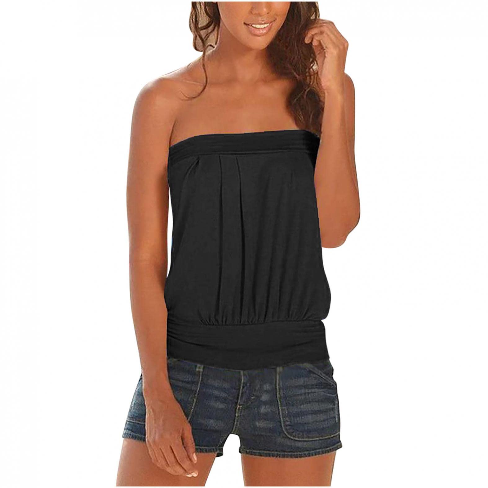 Women's Strapless Tank Tops - Summer Tube Tops, Casual Off Shoulder Blouse with Pleated Bandeau Design | Perfect for Beach Vacations, Pool Parties & Summer Outfits