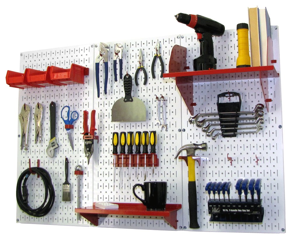 Wall Control 4 ft. Metal Pegboard Organizer - Heavy Duty Tool Storage Kit with White Pegboard & Red Accessories | Garage Workshop, Tool Shed, Craft Room Organization Solution