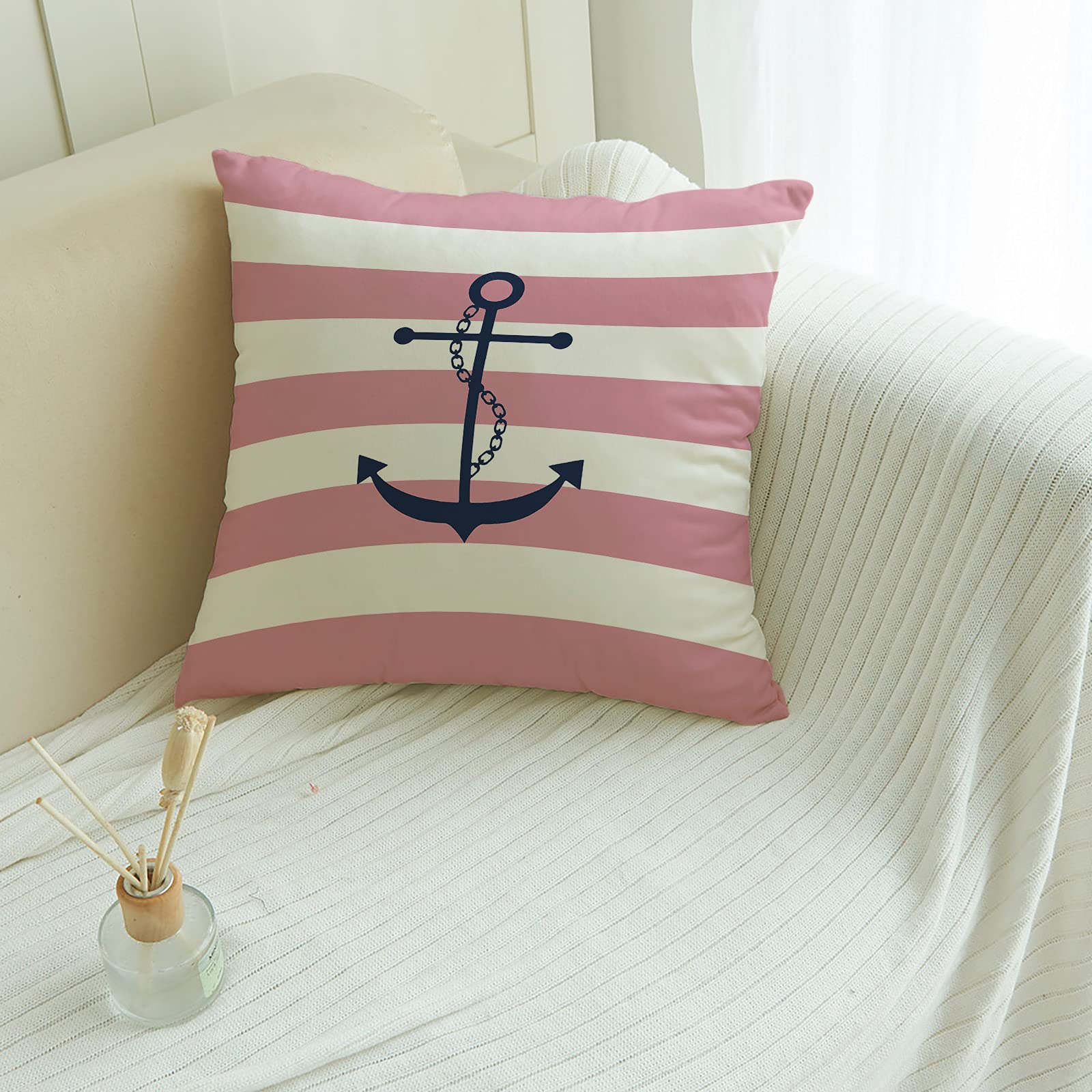 ArneCase Canvas Pillow Covers - Soft & Comfortable Square Throw Pillow Cases 26x26 Inches, Dark Blue Anchor with Pink and White Stripes - Perfect for Bedroom Sofa, Living Room Decor, Couch & Home Accents
