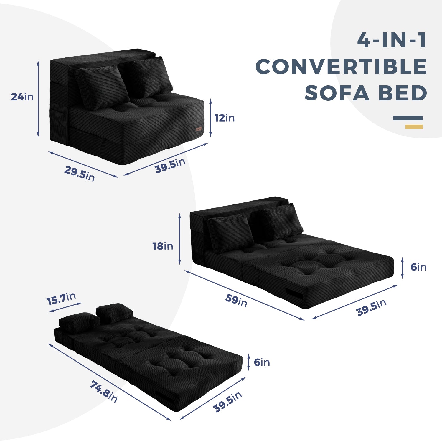 MAXYOYO 4-in-1 Convertible Sofa Bed Chair - Tufted Folding Floor Couch with Pillow, Black | Multi-Functional Furniture for Small Spaces, Guest Room, Dorm & Living Room | Perfect for Lounging, Sleeping & Extra Seating
