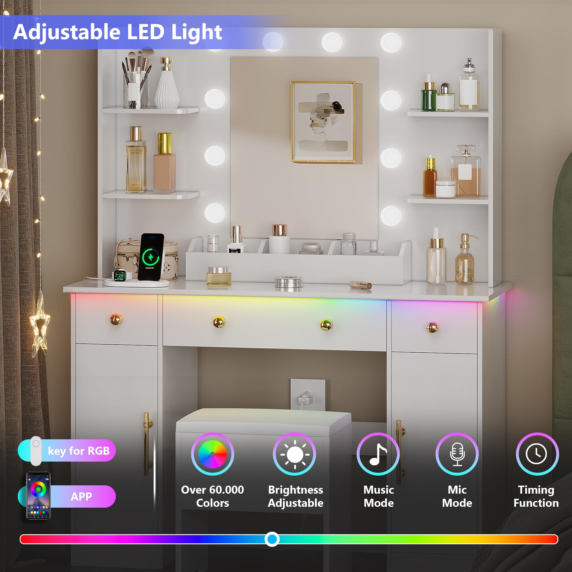 Vanity Desk with Mirror and Lights - Makeup Vanity Set with Charging Station, 3 Drawers & Stool - White Vanity Desk with RGB LED Lights for Women - Perfect for Bedroom, Dressing Room & Beauty Salon