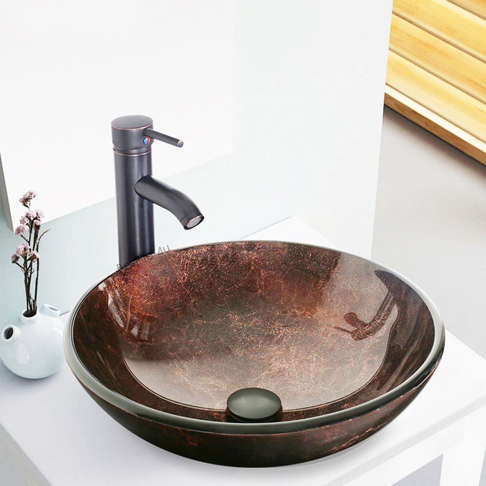 Artistic Tempered Glass Vessel Sink & Faucet Combo - Oil Rubbed Bronze for Bathroom Vanity