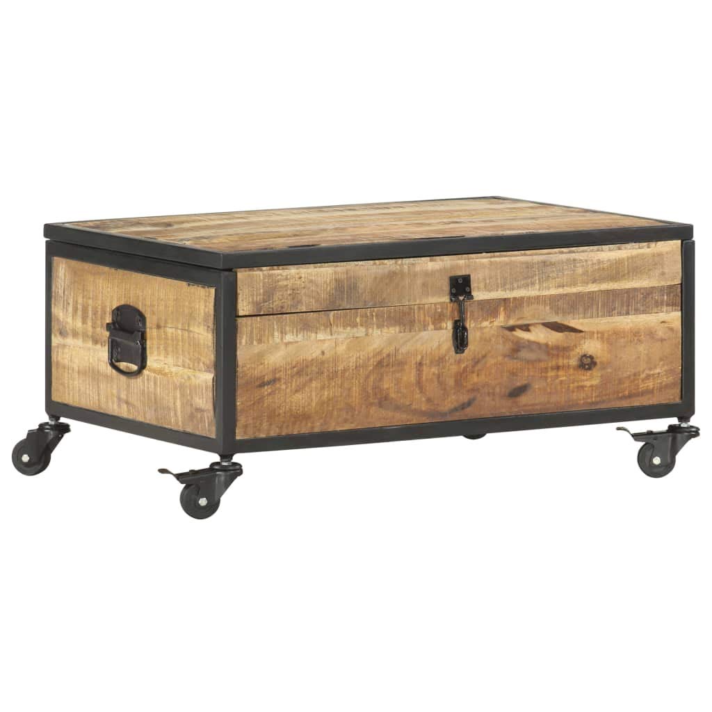 Solid Mango Wood Coffee Table with Wheels - Rectangular Brown Rustic Living Room Furniture - Large Storage Space, Easy Assembly & Durable Design for Home, Office or Outdoor Use