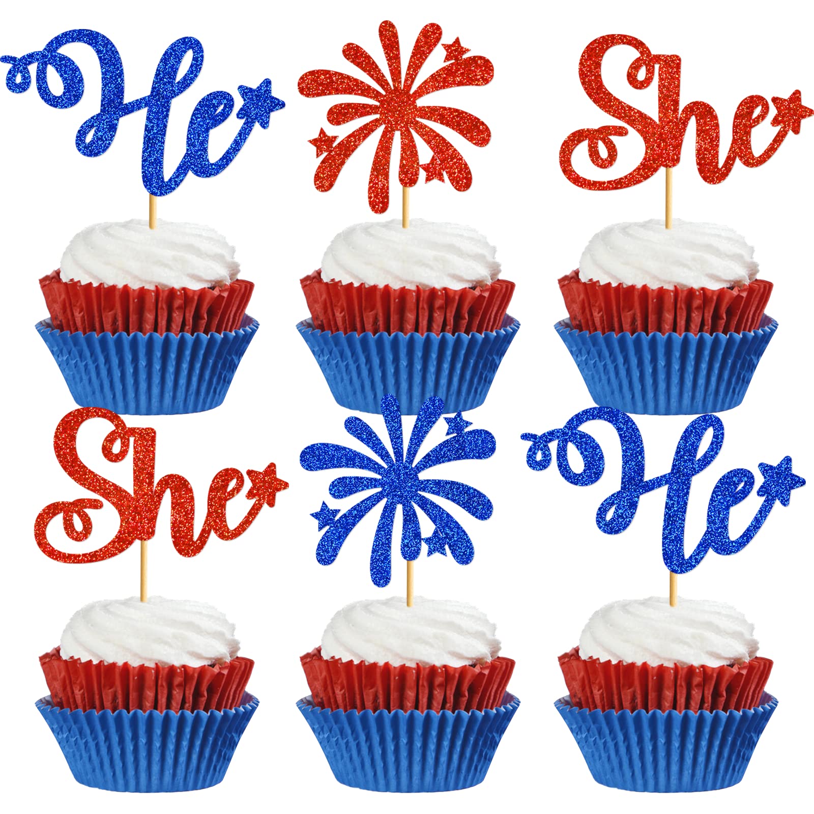 4th of July Gender Reveal Cupcake Toppers - Patriotic Red White Blue Cupcake Decorations for Baby Shower, Independence Day Party & Gender Reveal Celebration - Set of 24