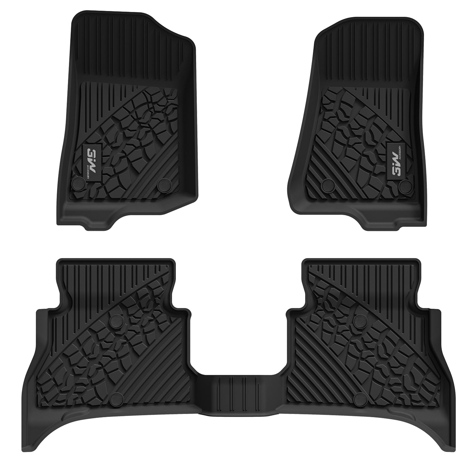 3W All-Weather TPE Floor Mats for Jeep Wrangler 4XE 2021-2024 Hybrid 4 Door (Non JL/JK) - Black Car Floor Liners Full Set with Grey Logo - 1st & 2nd Row Protection - Perfect for Off-Roading, Daily Commute & Extreme Weather Conditions