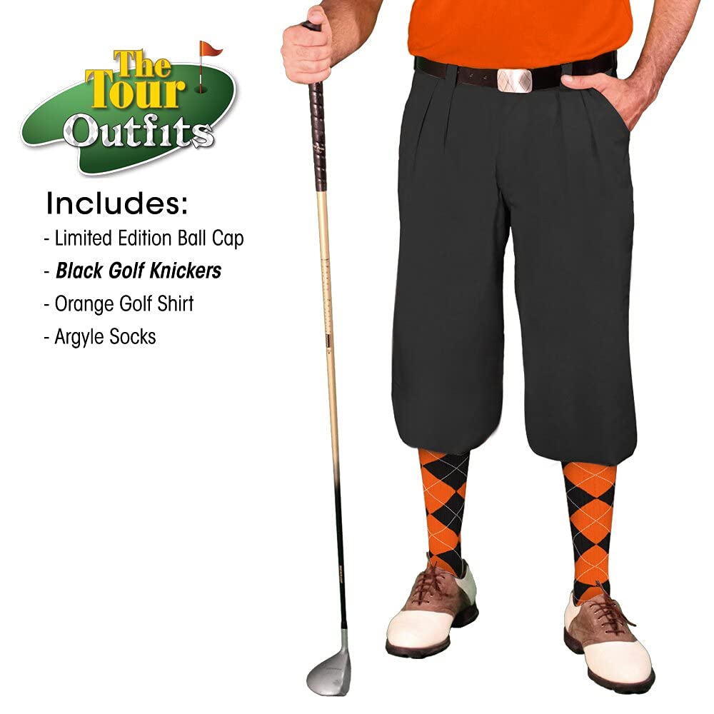 **Men's Stylish Black Microfiber Outfit Set - Limited Edition Ball Cap, Over-The-Calf Argyle Socks & Orange Golf Shirt for Casual Wear, Golfing & Everyday Fashion**