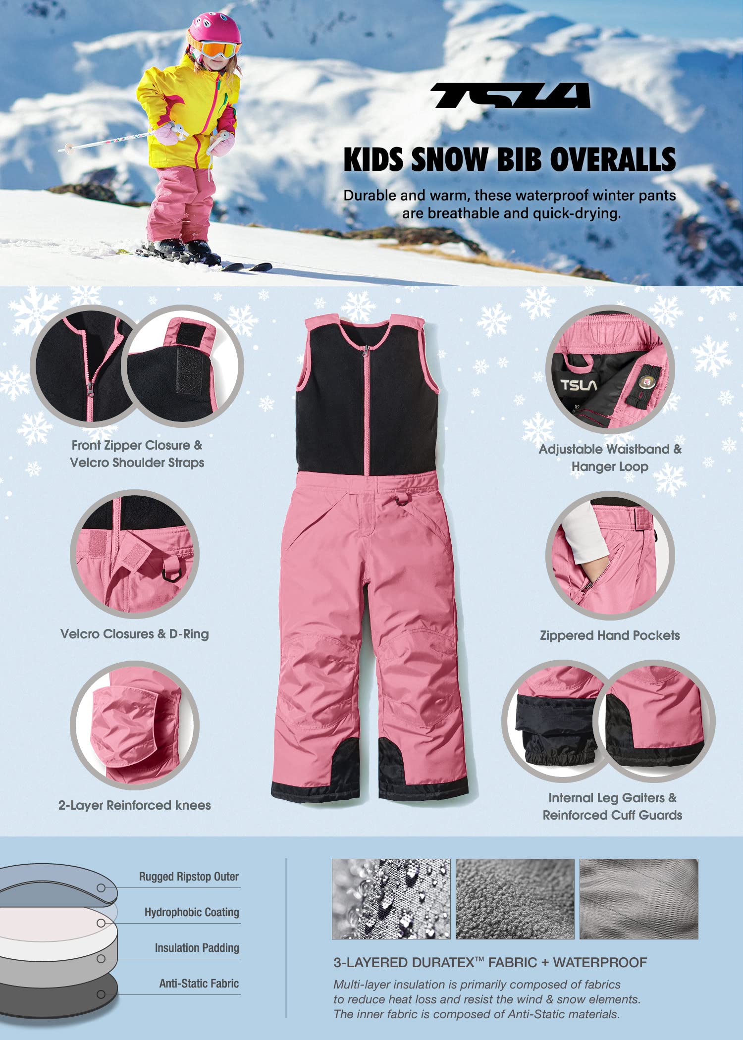 TSLA Kids Waterproof Insulated Snow Bibs for Boys & Girls - Winter Snowboard Overalls with Ripstop Fabric - Perfect for Skiing, Snow Play & Cold Weather Activities