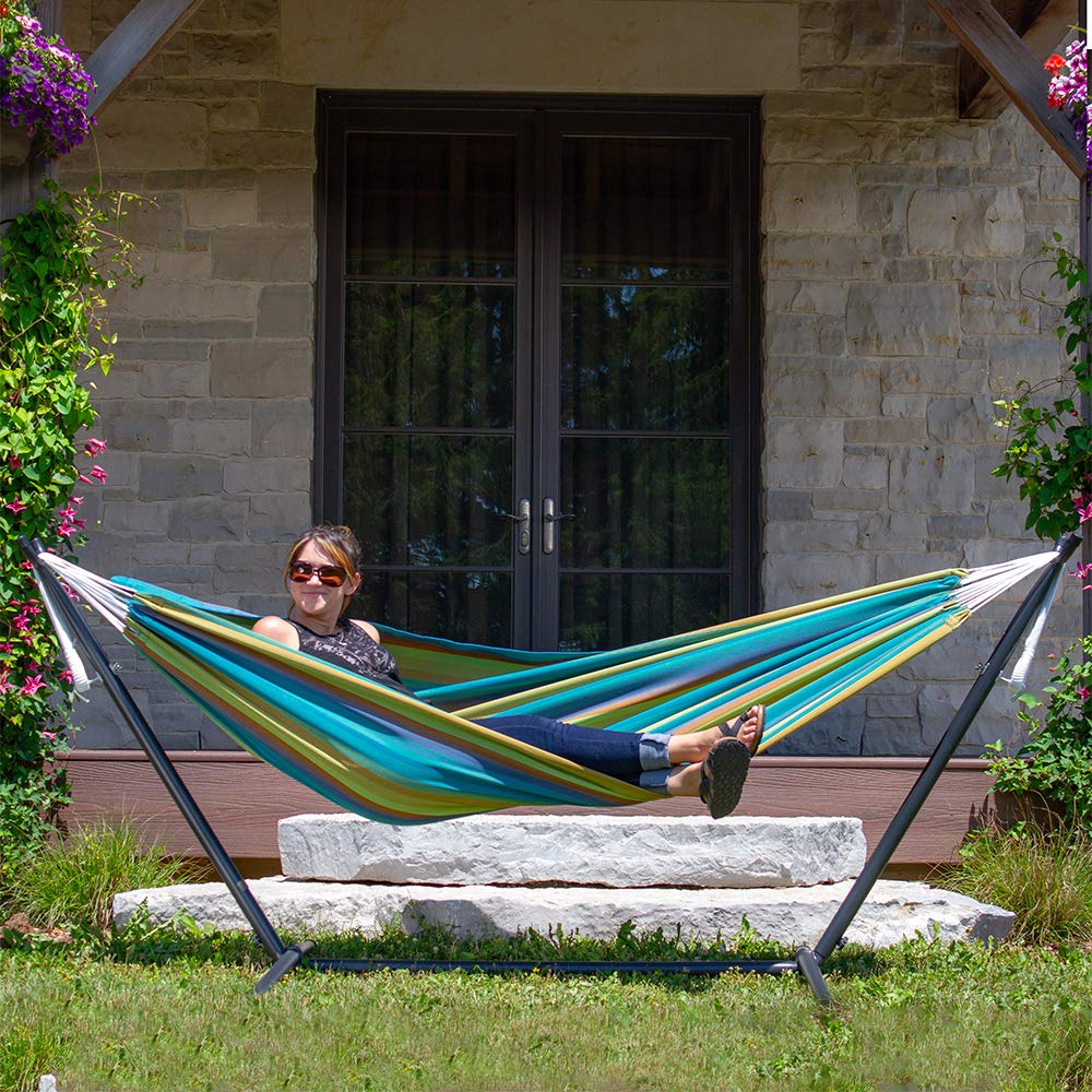 Vivere Double Sunbrella Hammock with Space-Saving Steel Stand - 450 lb Weight Capacity, Includes Premium Carry Bag (Lagoon Blue) - Perfect for Backyard Relaxation, Camping & Beach Vacations