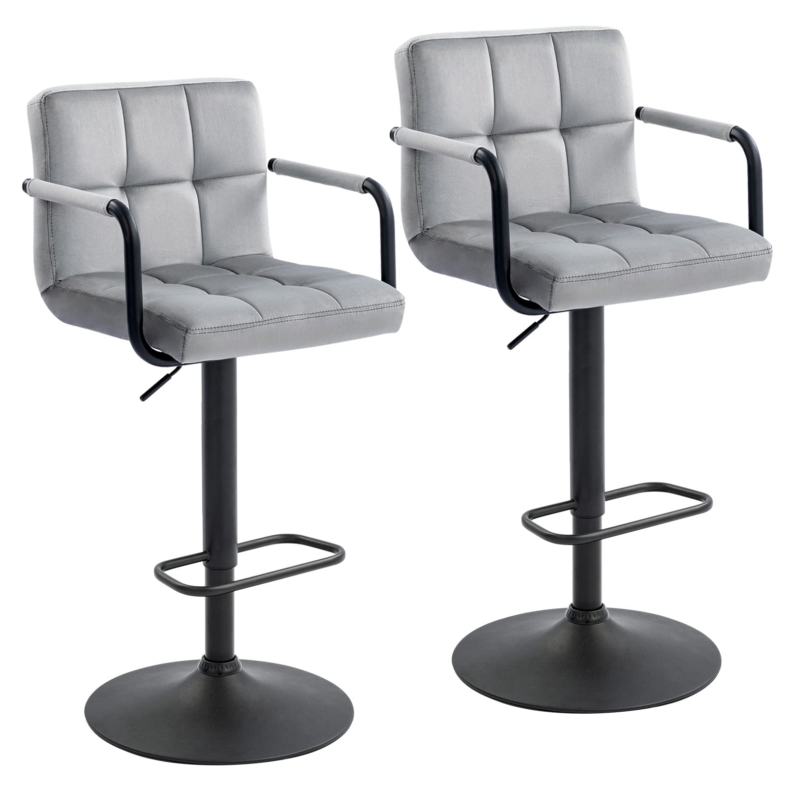 Furnimart Adjustable Swivel Bar Stools Set of 2 - Upholstered Counter Height Bar Chairs with Armrest & Footrest, Velvet Grey - Perfect for Kitchen Island, Breakfast Bar & Dining Room