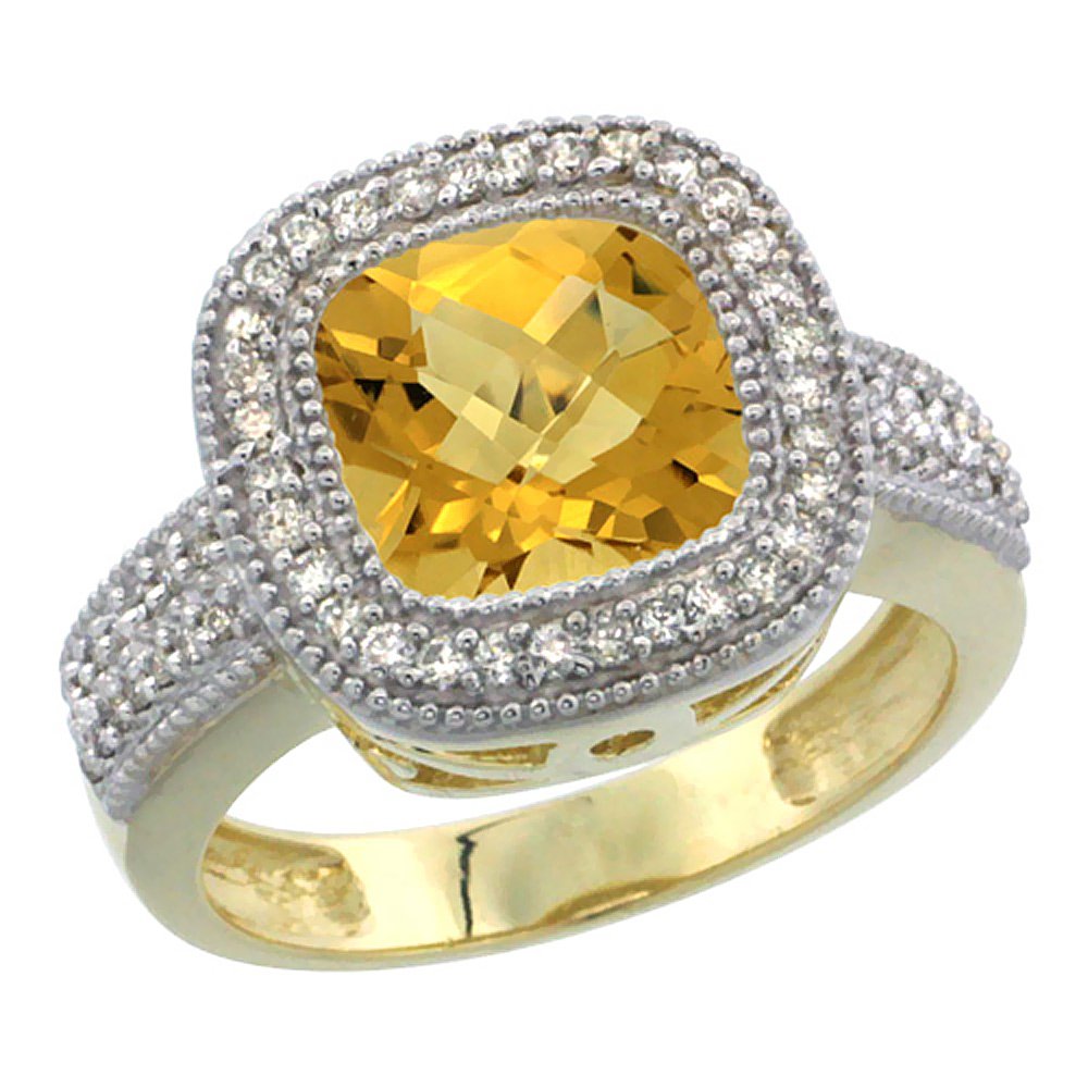 14K Yellow Gold Natural Lemon Quartz Ring with Cushion-Cut 9x9mm Diamond Accent - Size 5 to 10 | Elegant Jewelry for Weddings, Anniversaries & Special Occasions