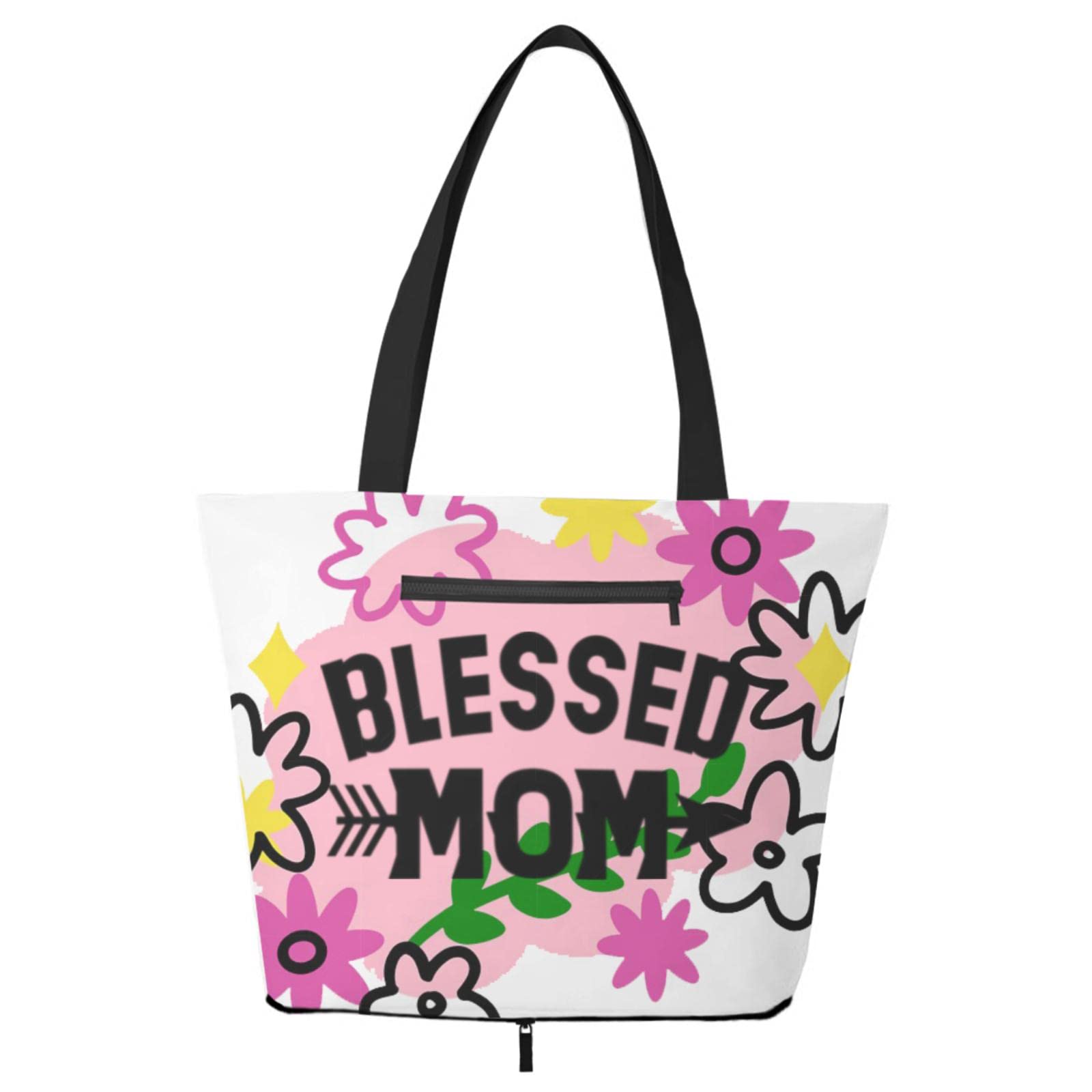 Blessed Mom Tote Bag for Women - Large Reusable Shoulder Bag with External Pocket | Mother's Day Gift, Church, Shopping & Beach Tote