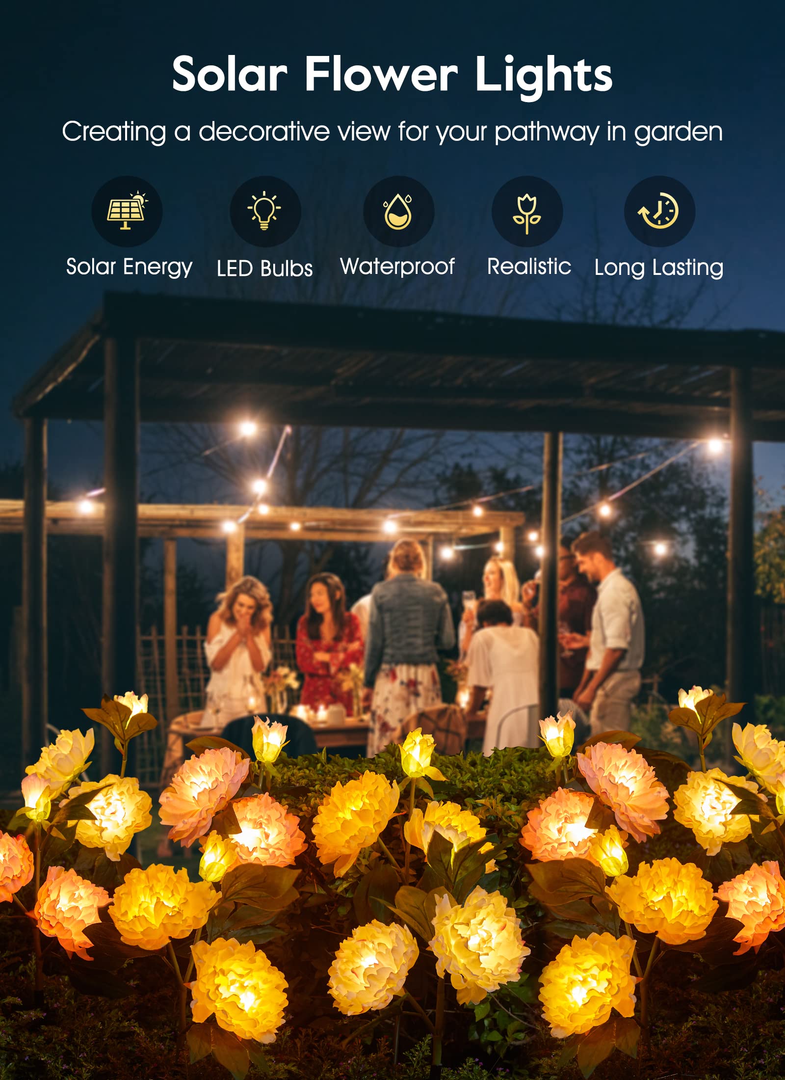 Outdoor Solar Flower Lights - 3 Pack Waterproof LED Solar Garden Lights with Large Realistic Peony Design, Big Solar Panel for Yard, Lawn, Pathway Decoration | Perfect for Patio, Backyard, Wedding & Landscape Lighting