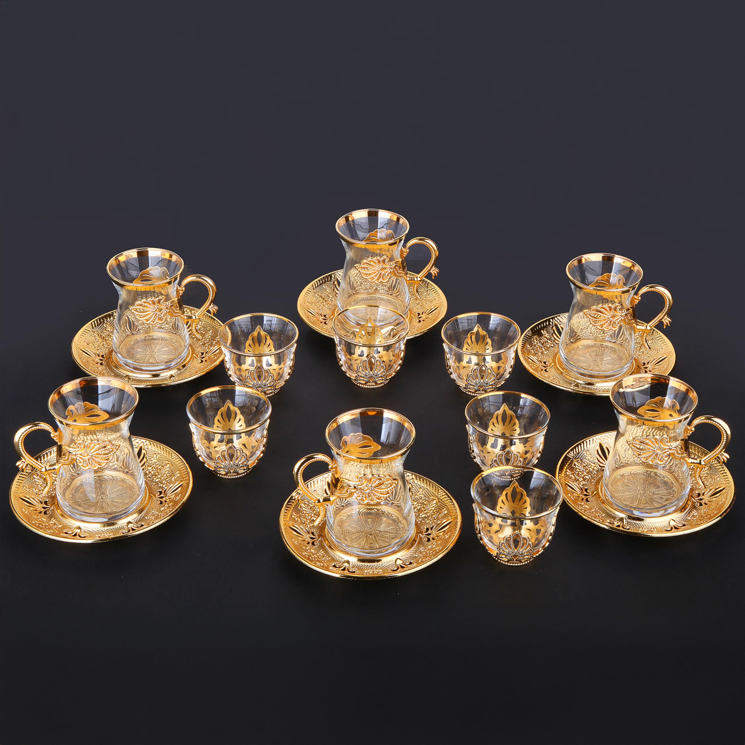 Vintage Handmade Turkish Tea Glasses Set of 6 with Saucer & Holder - Ottoman Style Mırra Cups for Arabic Tea Ceremony - Perfect for Serving Guests, Housewarming Gifts, Dinner Parties & Special Events - Elegant Gold Finish