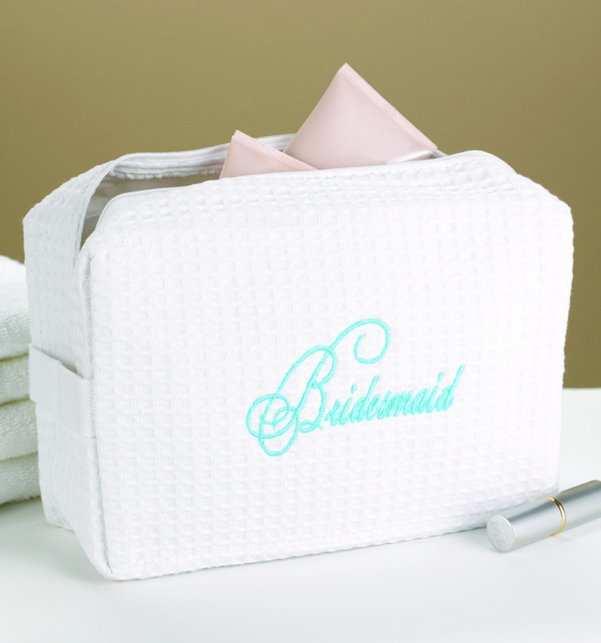 White Waffle Weave Cosmetic Bag for Wedding & Bridesmaid - Perfect for Bridal Party Gifts, Makeup Storage & Travel Essentials